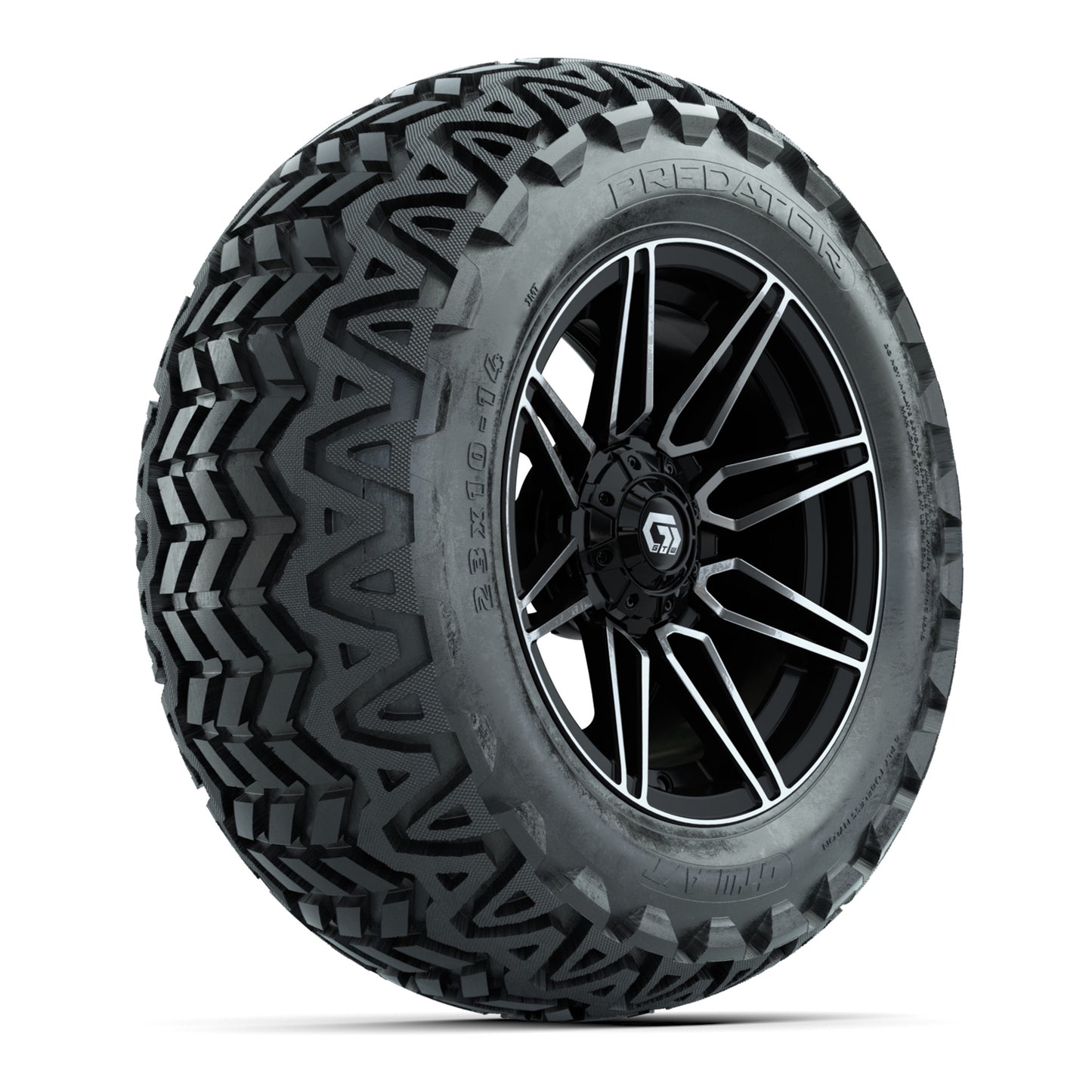 GTW® Stealth Gloss Black/Machined 14 in Wheels with 23x10-14 Predator All-Terrain Tires – Full Set