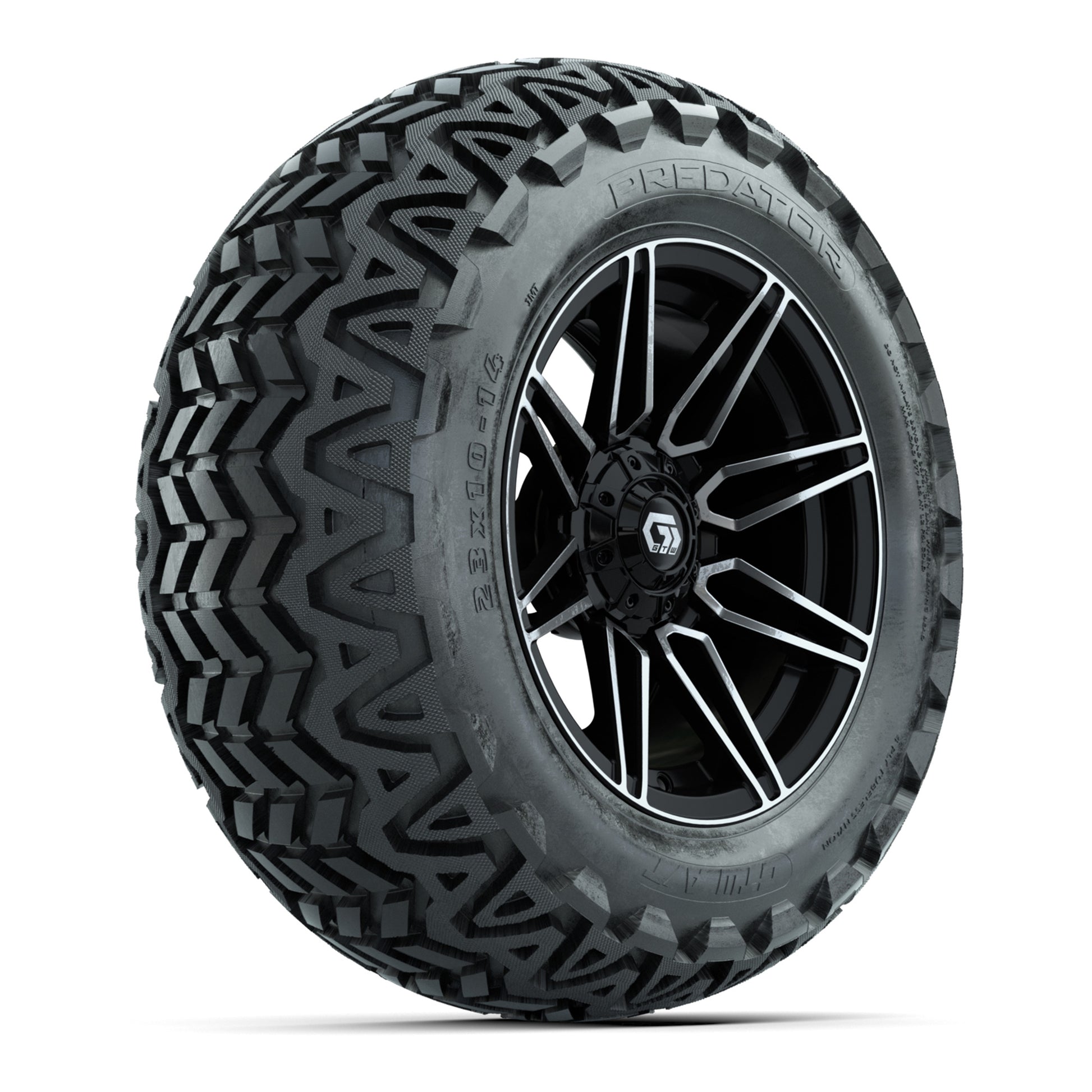 GTW® Stealth Gloss Black/Machined 14 in Wheels with 23x10-14 Predator All-Terrain Tires – Full Set