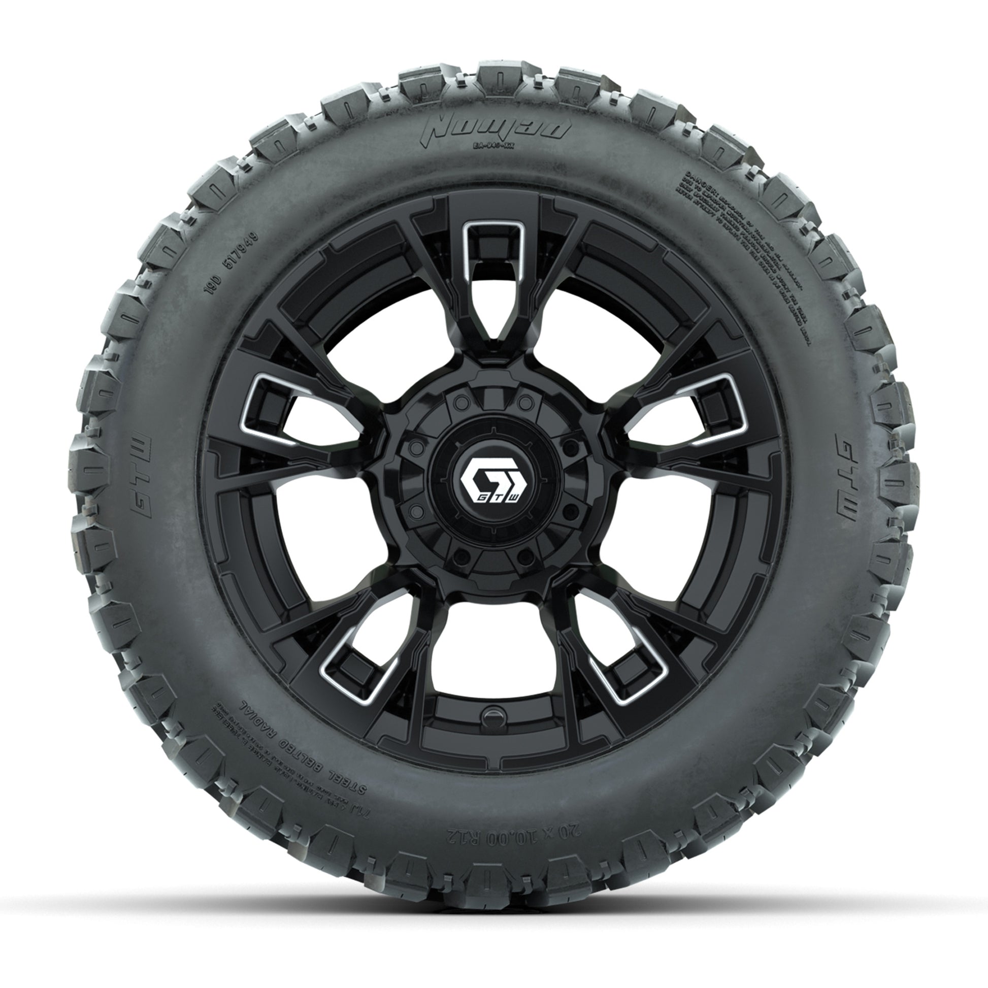 GTW® Vandal Matte Black/Machined 12 in Wheels with 20X10-12 Nomad Steel Belt Radial All-Terrain Tires – Full Set