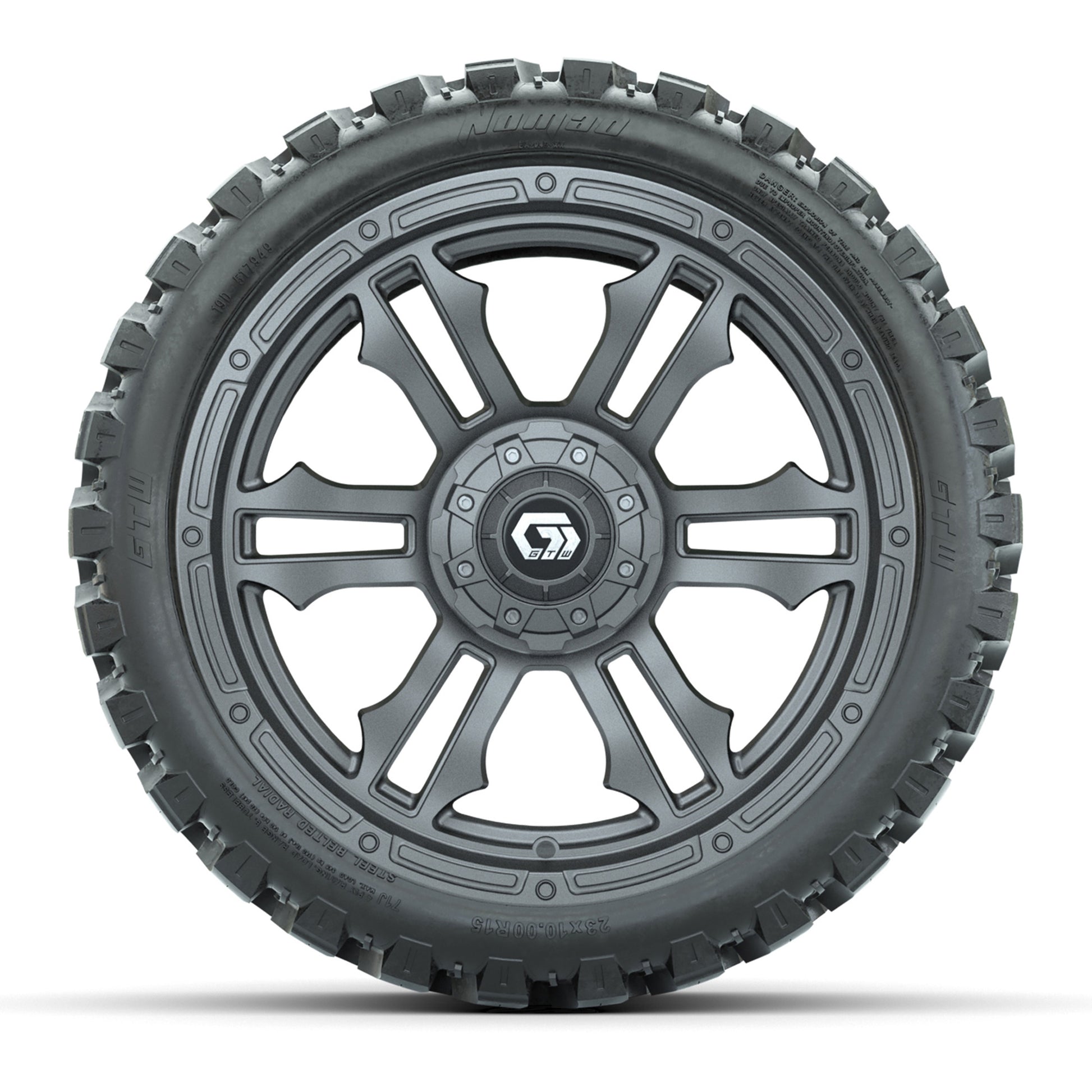 GTW® Shogun Gunmetal 15 in Wheels with 23x10-R15 Nomad Steel Belted Radial All-Terrain Tires – Full Set
