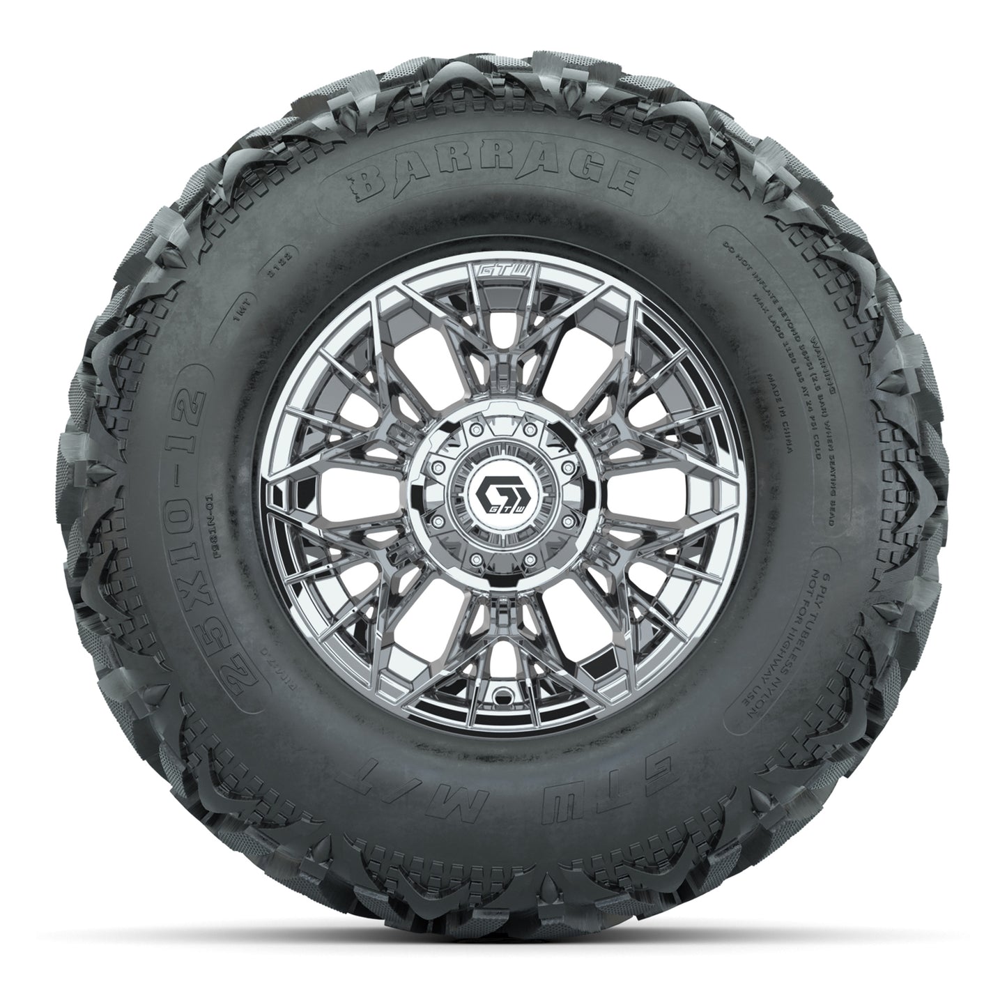 GTW® Stellar Chrome 12 in Wheels with 25X10-12 Barrage Mud Tires – Full Set