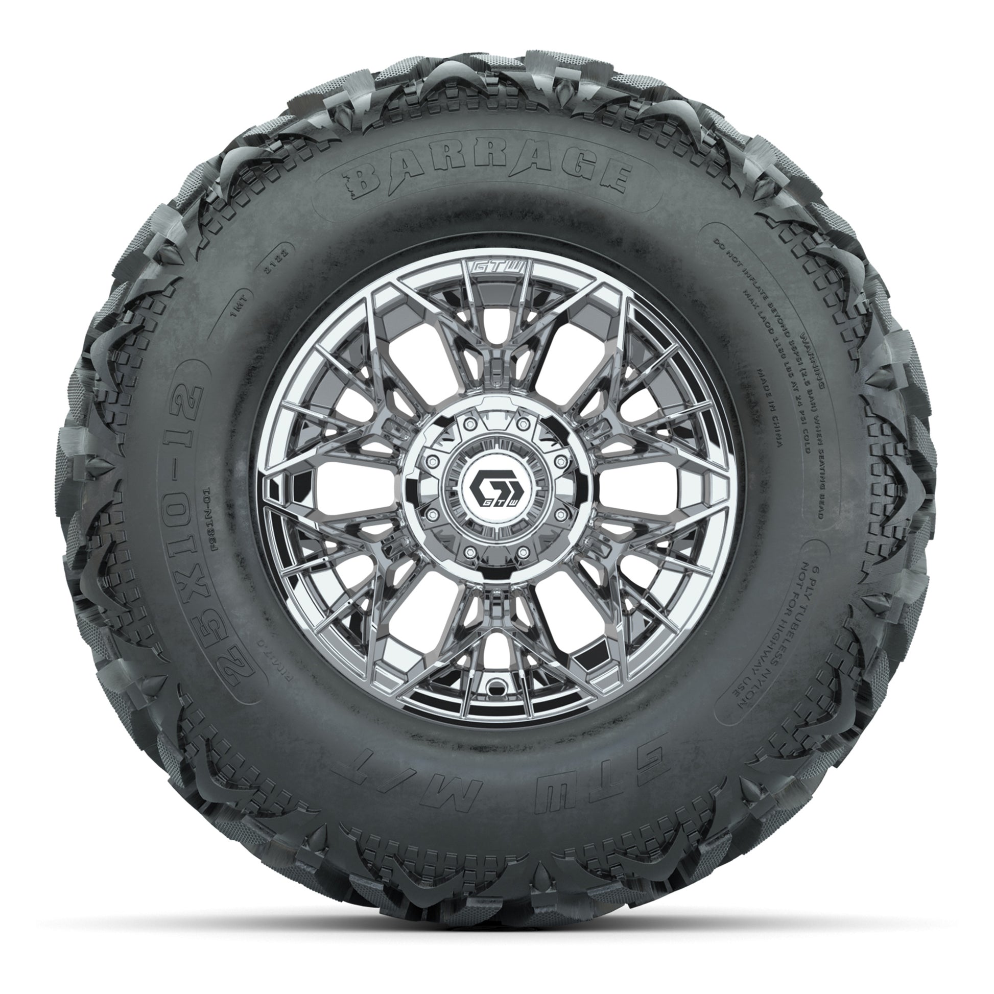 GTW® Stellar Chrome 12 in Wheels with 25X10-12 Barrage Mud Tires – Full Set