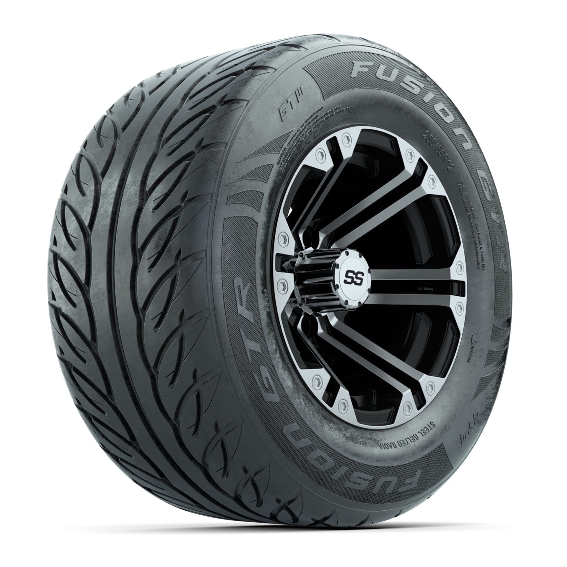 GTW® Specter Black/Machined 12 in Wheels with 255/55-R12 Fusion GTR Steel Belt Radial Street Tires – Full Set