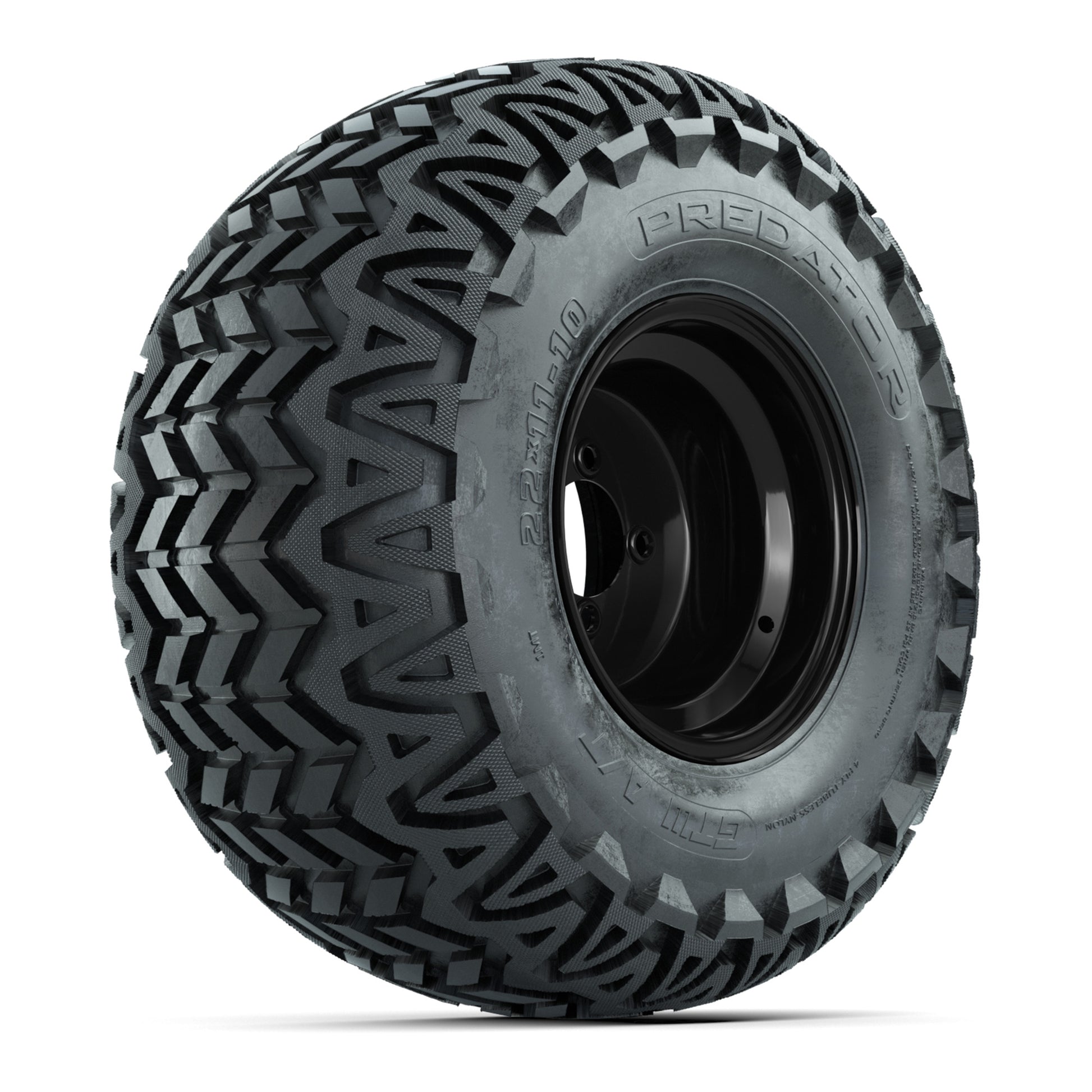 Set of (4) 10 in Black Steel Offset Wheels with 22x11-10 Predator All Terrain Tires