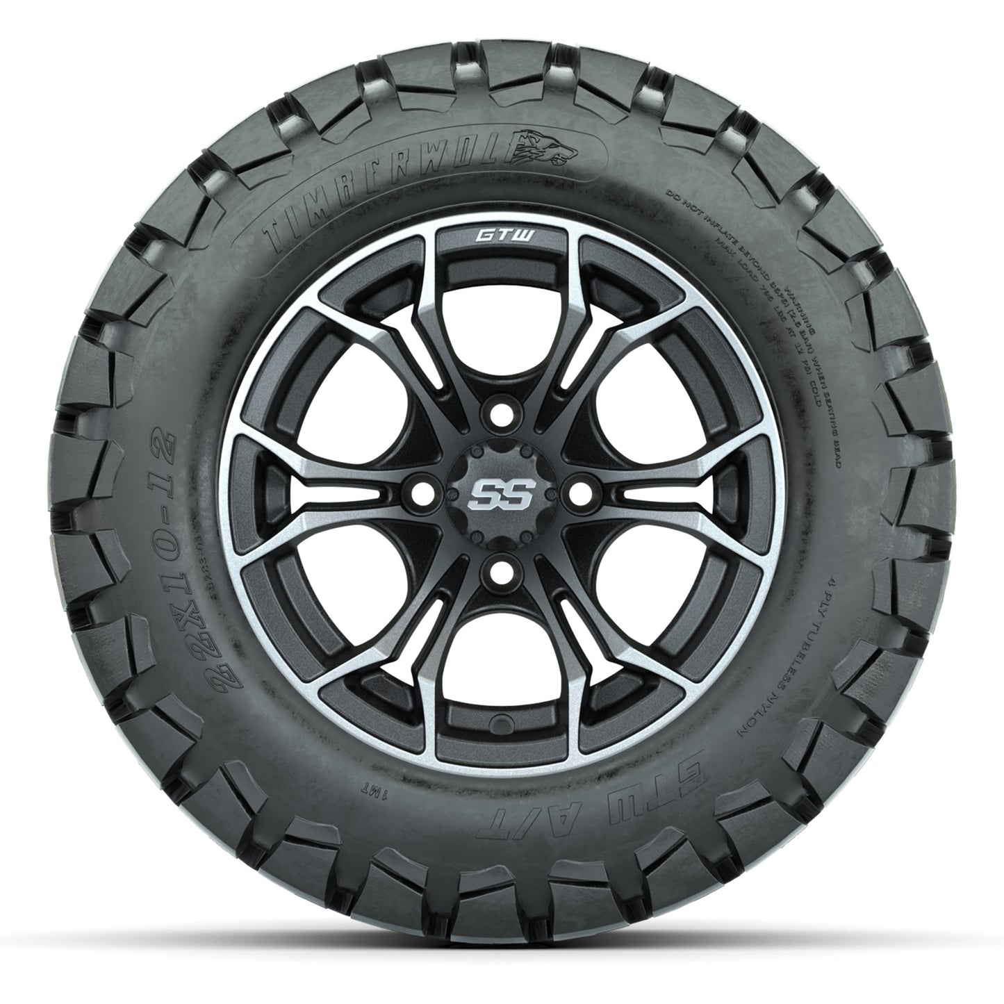 GTW® Spyder Matte Gray/Machined 12 in Wheels with 22X10-12 Timberwolf All-Terrain Tires – Full Set