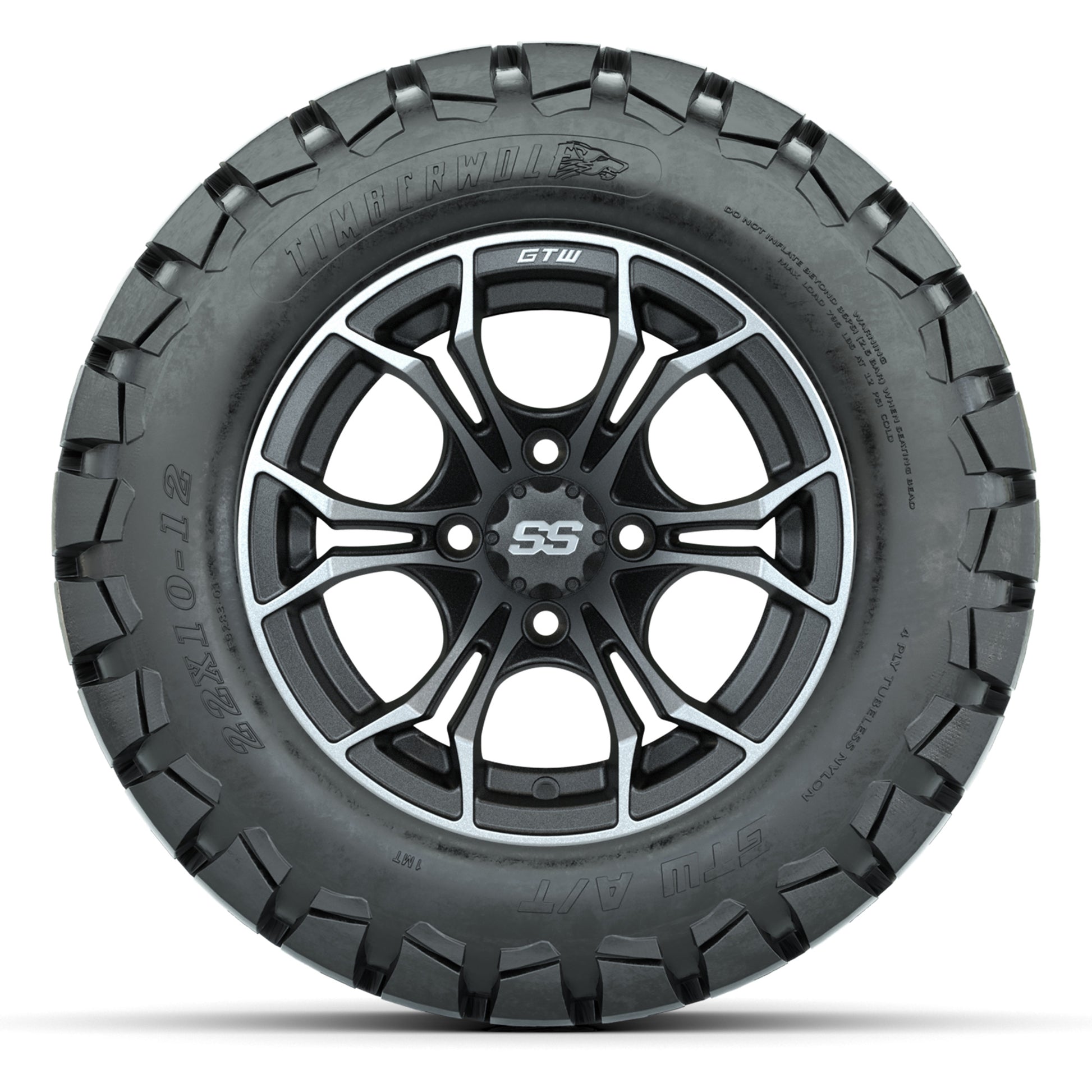 GTW® Spyder Matte Gray/Machined 12 in Wheels with 22X10-12 Timberwolf All-Terrain Tires – Full Set