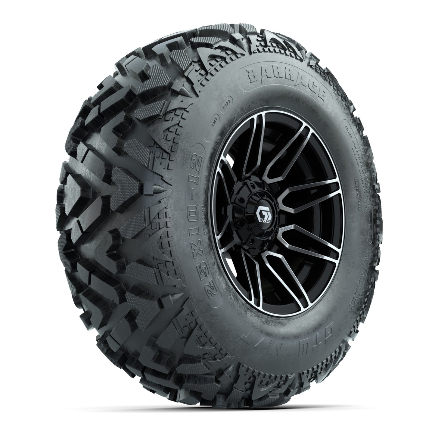 GTW® Stealth Black/Machined 12 in Wheels with 25X10-12 Barrage Mud Tires – Full Set
