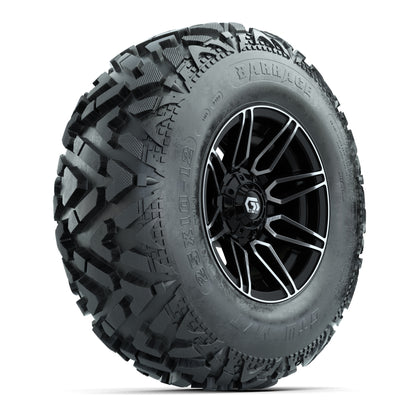 GTW® Stealth Black/Machined 12 in Wheels with 25X10-12 Barrage Mud Tires – Full Set