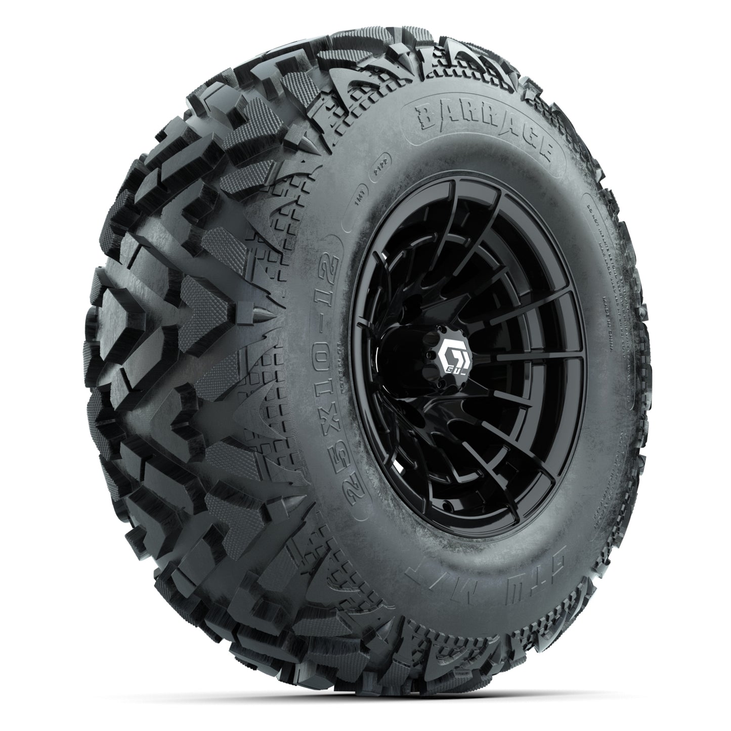GTW® Boost Gloss Black 12 in Wheels with 25X10-12 Barrage Mud Tires – Full Set