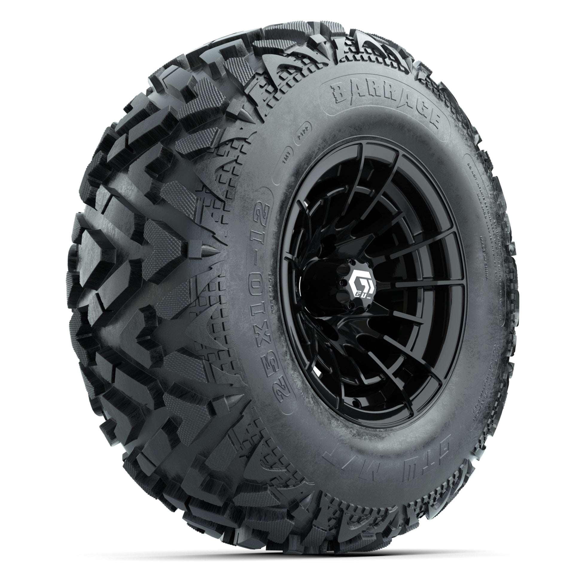 GTW® Boost Gloss Black 12 in Wheels with 25X10-12 Barrage Mud Tires – Full Set