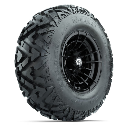 GTW® Boost Gloss Black 12 in Wheels with 25X10-12 Barrage Mud Tires – Full Set