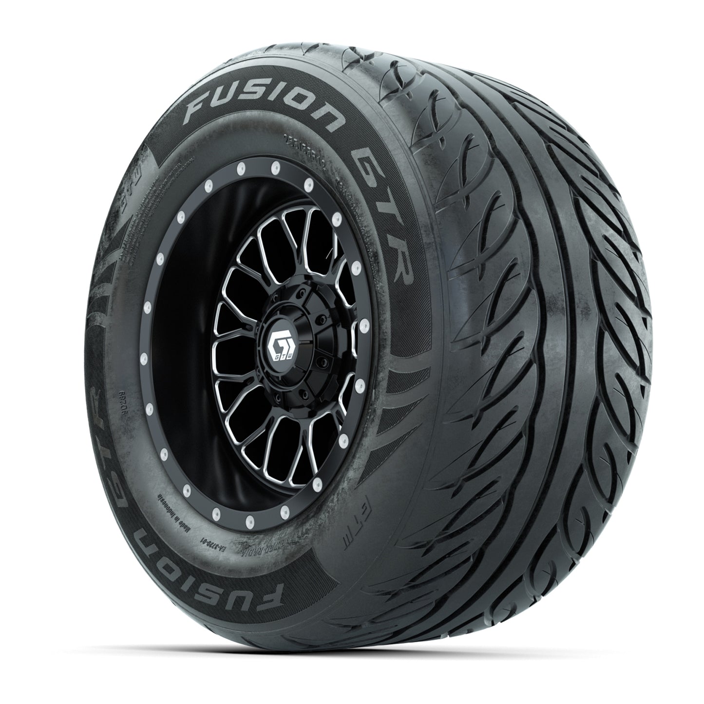GTW® Helix Black/Machined 12 in Wheels with 255/55-R12 Fusion GTR Steel Belt Radial Street Tires – Full Set