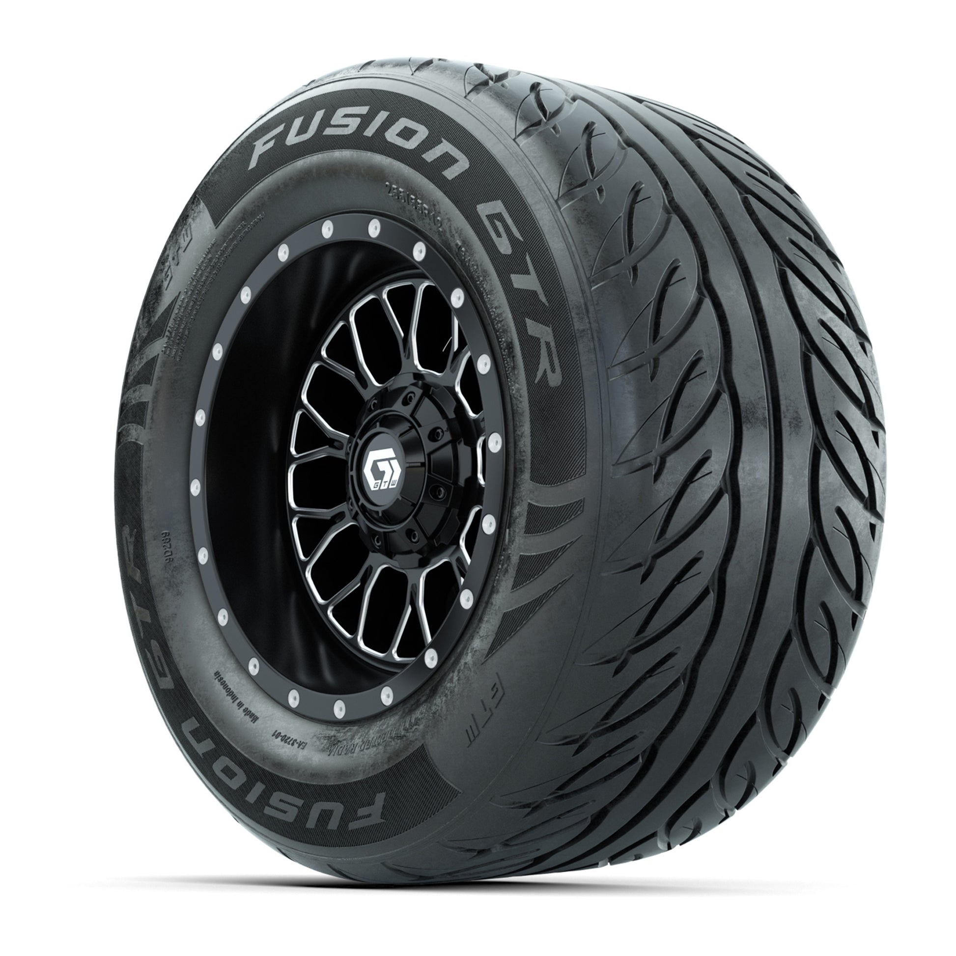 GTW® Helix Black/Machined 12 in Wheels with 255/55-R12 Fusion GTR Steel Belt Radial Street Tires – Full Set