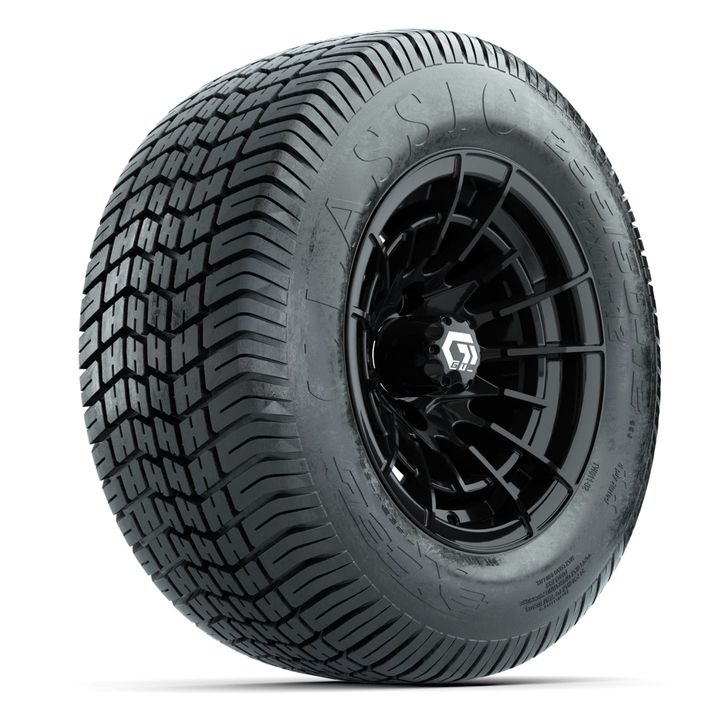 GTW® Boost Gloss Black 12 in Wheels with 255/50-12 Excel Classic Street Tires – Full Set