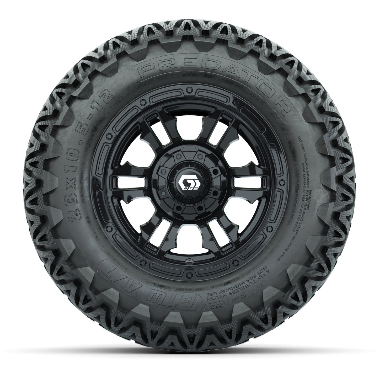 GTW® Shogun Gloss Black 12 in Wheels with 23X10.5-12 Predator All-Terrain Tires – Full Set