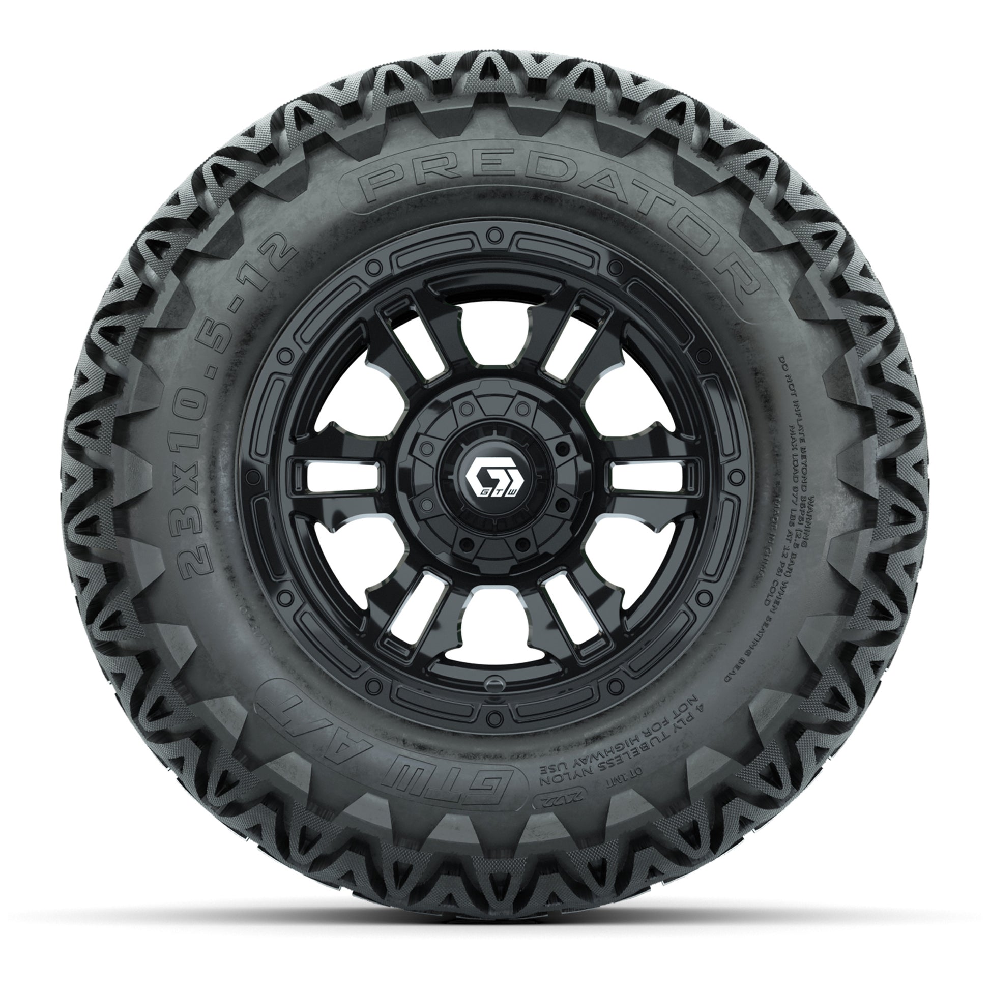 GTW® Shogun Gloss Black 12 in Wheels with 23X10.5-12 Predator All-Terrain Tires – Full Set