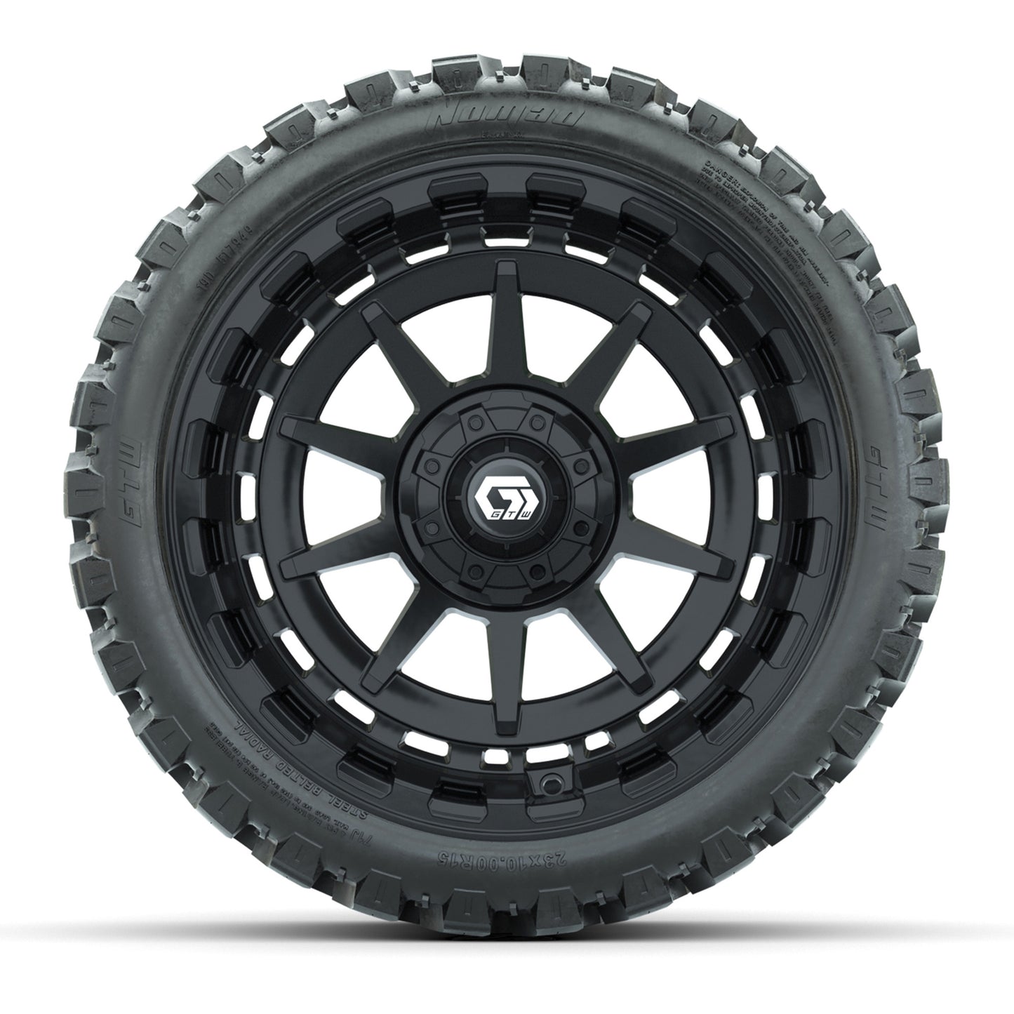 GTW® Barricade Gloss Black 15 in Wheels with 23x10-R15 Nomad Steel Belted Radial All-Terrain Tires – Full Set