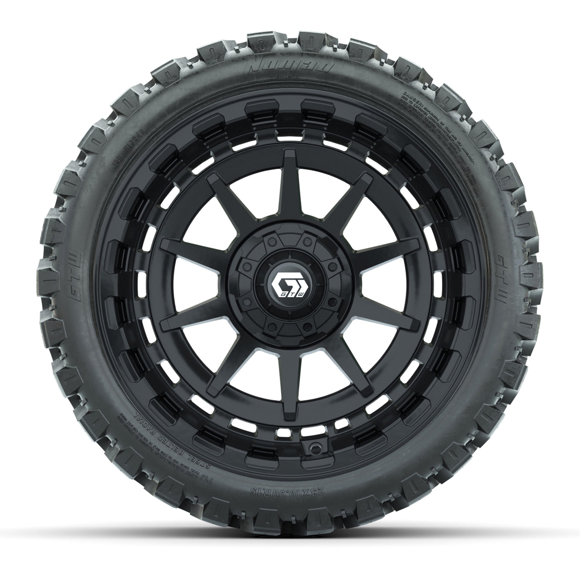 GTW® Barricade Gloss Black 15 in Wheels with 23x10-R15 Nomad Steel Belted Radial All-Terrain Tires – Full Set
