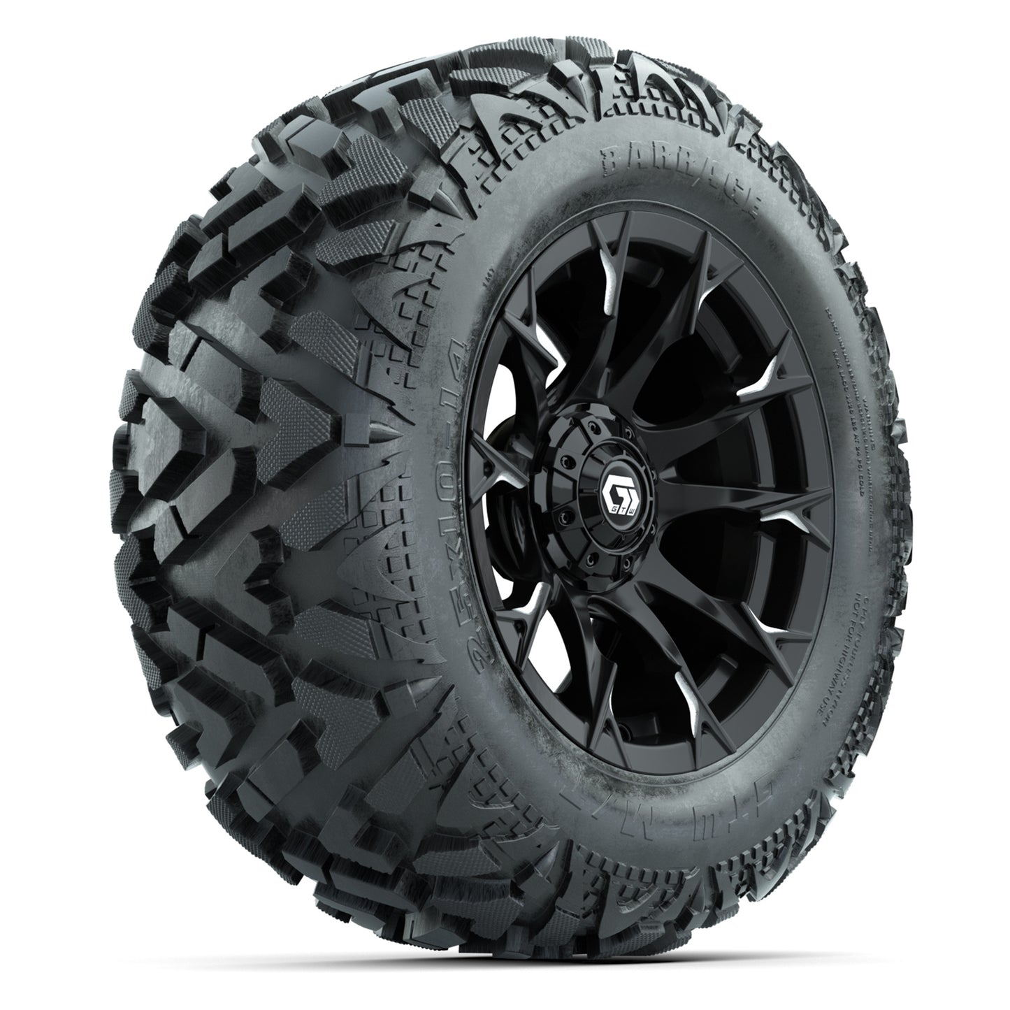 GTW Diablo Gloss Black/Machined 14 in Wheels with 25x10-14 Barrage Mud Tires – Full Set