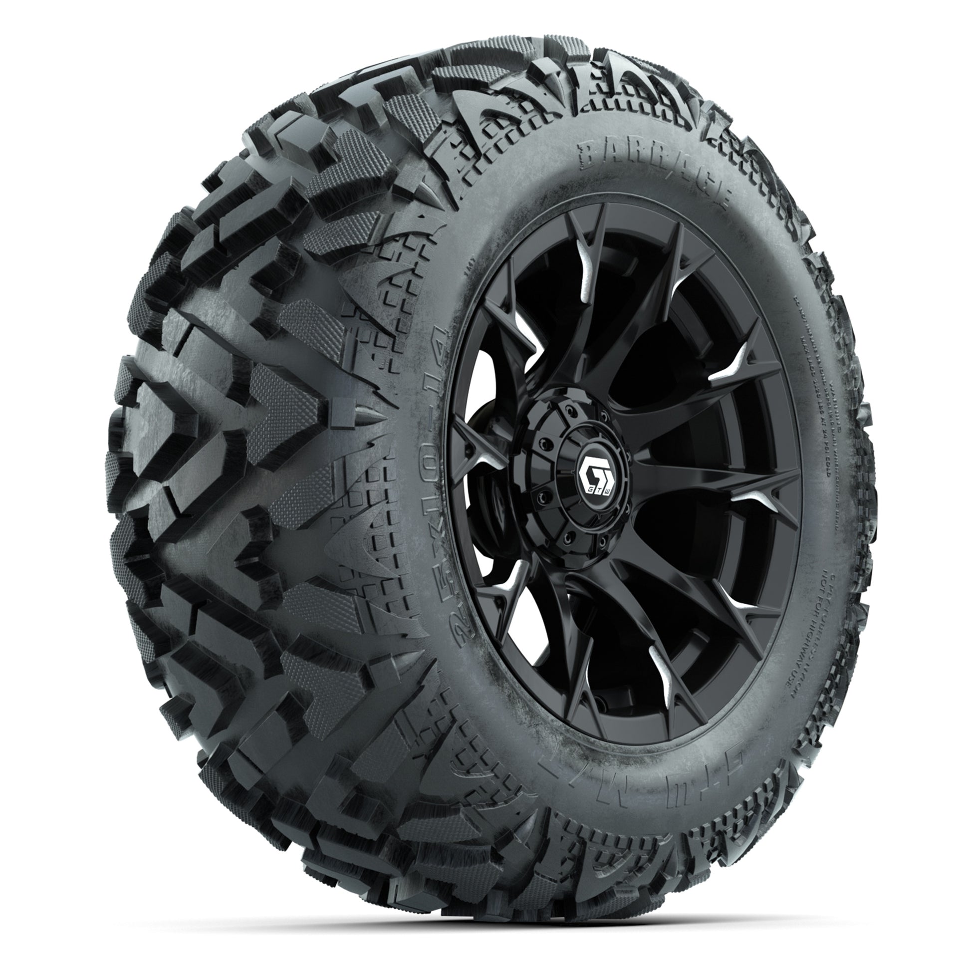 GTW Diablo Gloss Black/Machined 14 in Wheels with 25x10-14 Barrage Mud Tires – Full Set