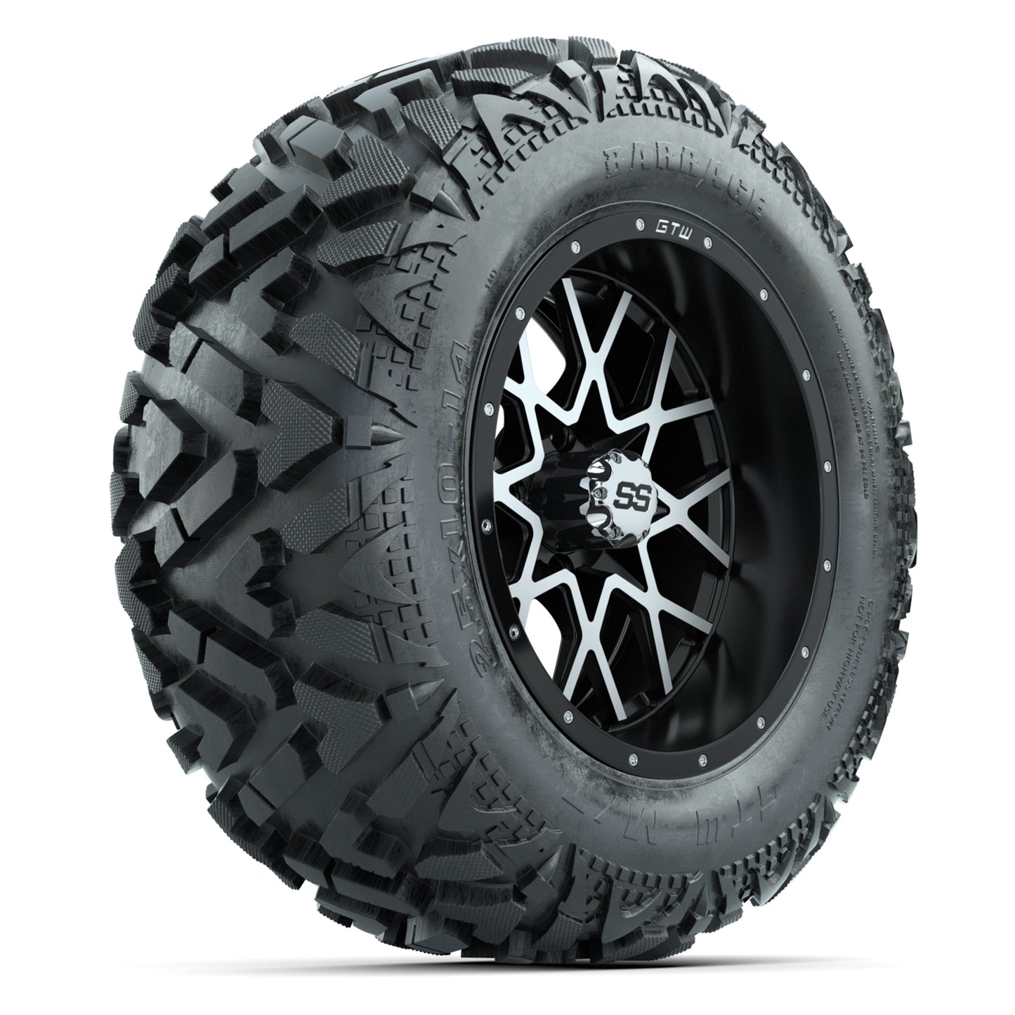 GTW Vortex Matte Black/Machined 14 in Wheels with 25x10-14 Barrage Mud Tires – Full Set