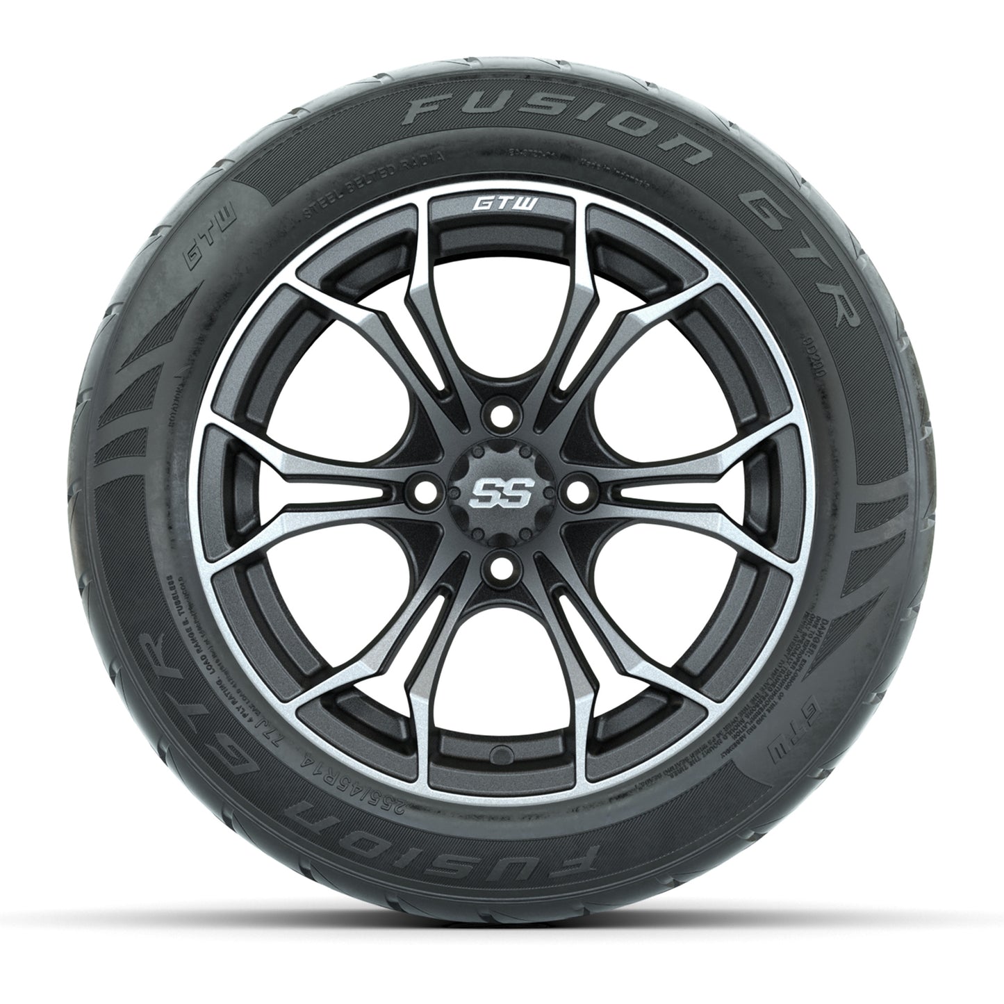 GTW® Spyder Matte Gray/Machined 14 in Wheels with 255/45-R14 Fusion GTR Steel Belt Radial Street Tires – Full Set