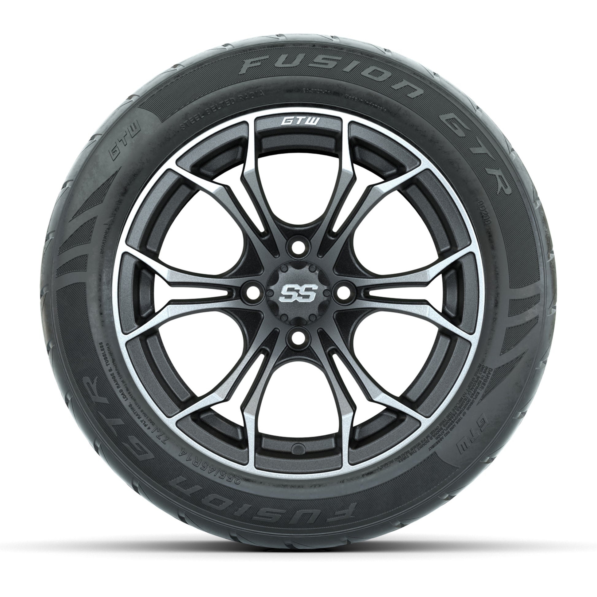 GTW® Spyder Matte Gray/Machined 14 in Wheels with 255/45-R14 Fusion GTR Steel Belt Radial Street Tires – Full Set