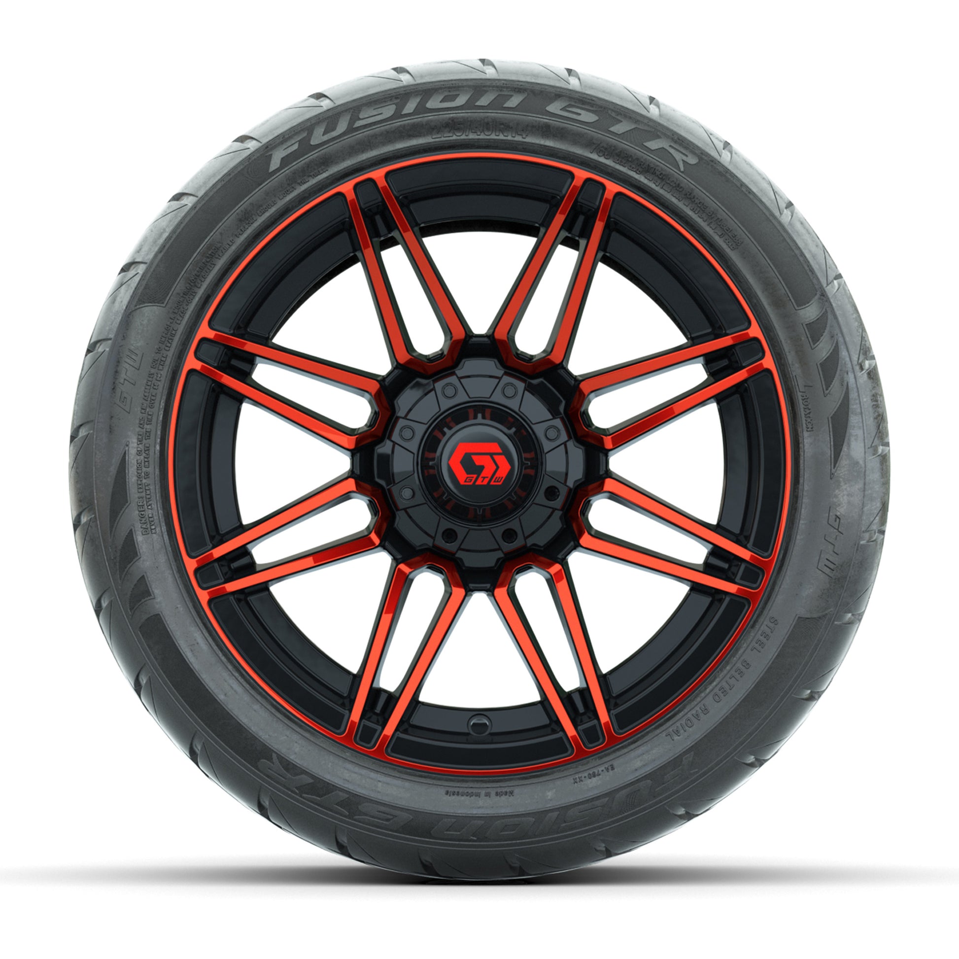 GTW® Stealth Red/Machined 14 in Wheels with 225/40-R14 Fusion GTR Steel Belt Radial Street Tires – Full Set