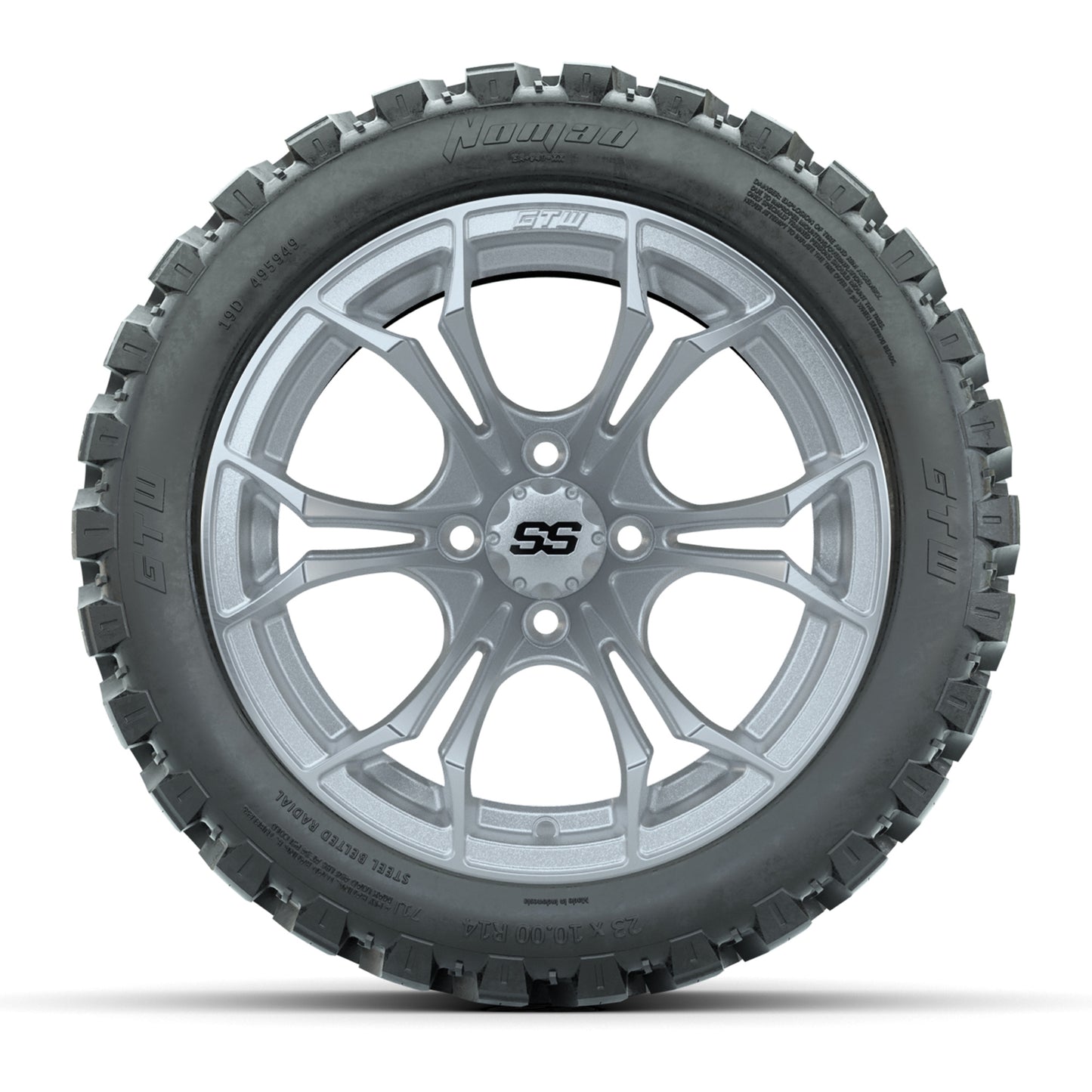 GTW® Spyder Silver Brush 14 in Wheels with 23X10-R14 Nomad Steel Belt Radial All-Terrain Tires – Full Set