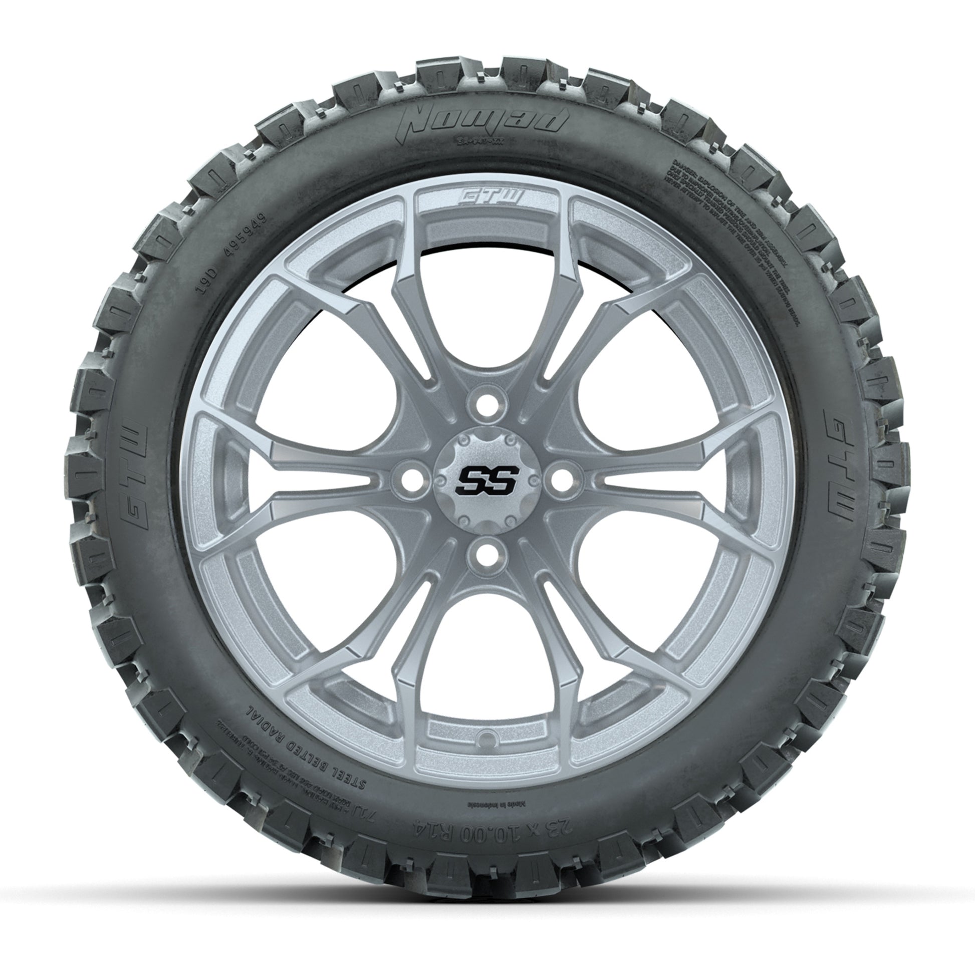 GTW® Spyder Silver Brush 14 in Wheels with 23X10-R14 Nomad Steel Belt Radial All-Terrain Tires – Full Set