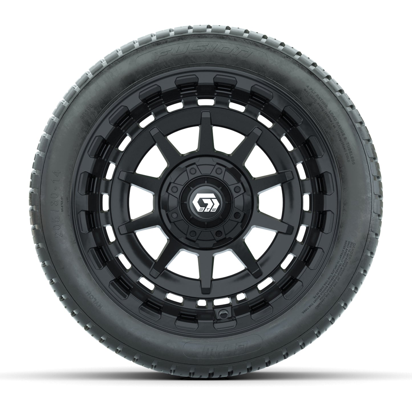 GTW® Barricade Gloss Black 14 in Wheels with 205/30-14 Fusion Street Tires – Full Set