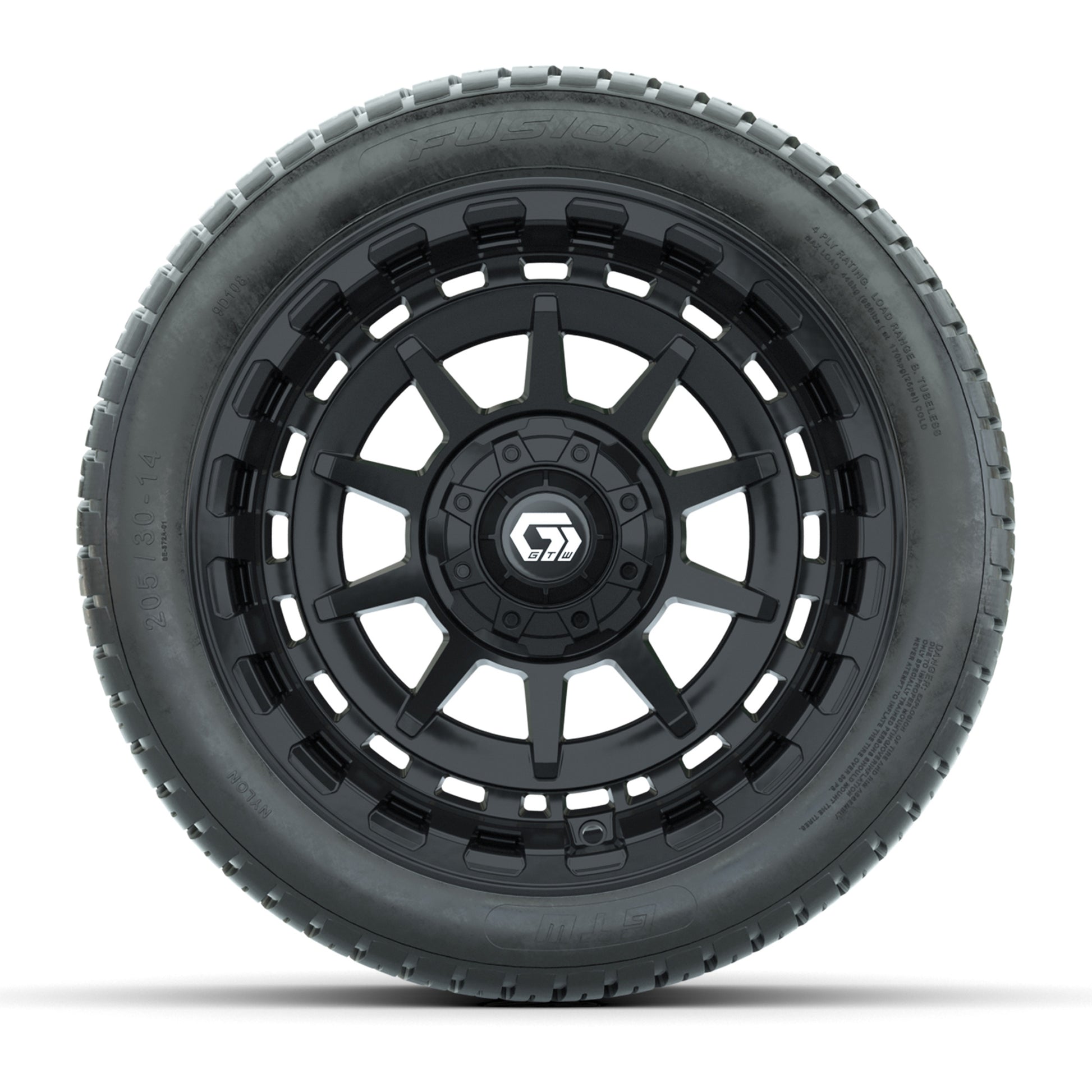 GTW® Barricade Gloss Black 14 in Wheels with 205/30-14 Fusion Street Tires – Full Set