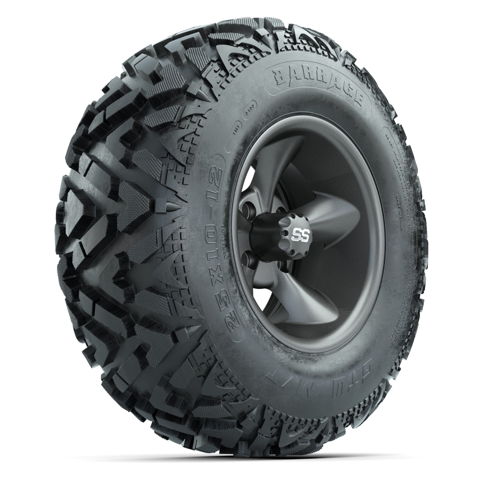 GTW® Godfather Matte Gray 12 in Wheels with 25X10-12 Barrage Mud Tires – Full Set