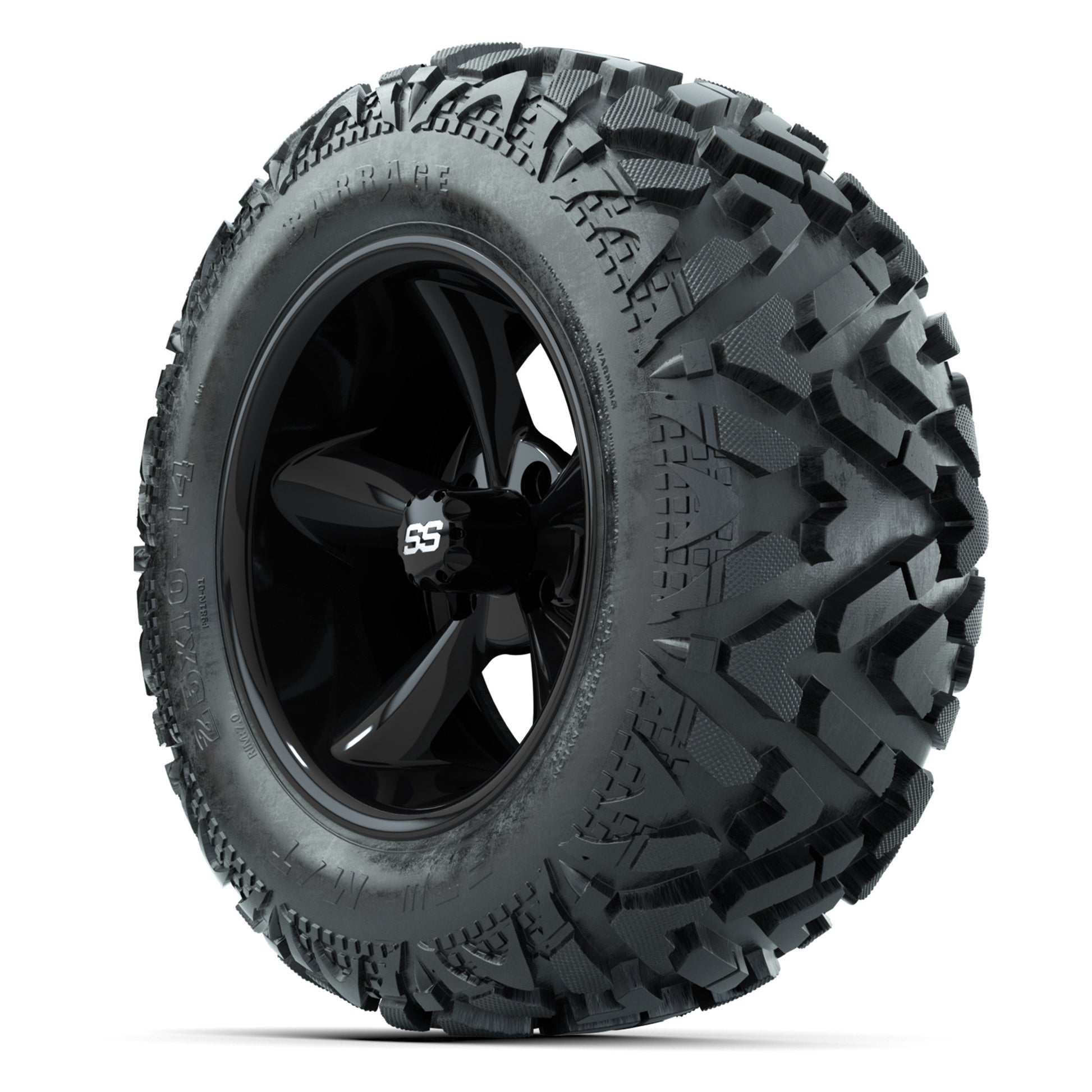 GTW Godfather Black 14 in Wheels with 25x10-14 Barrage Mud Tires – Full Set