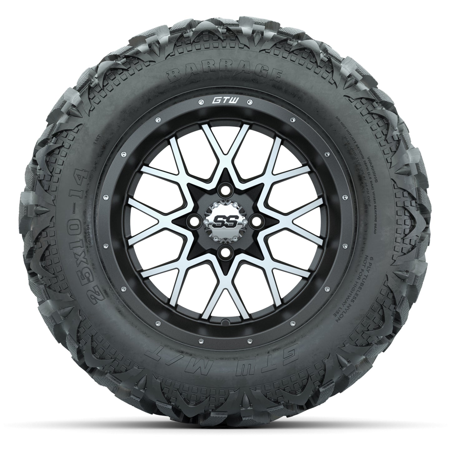GTW Vortex Matte Gray/Machined 14 in Wheels with 25x10-14 Barrage Mud Tires – Full Set