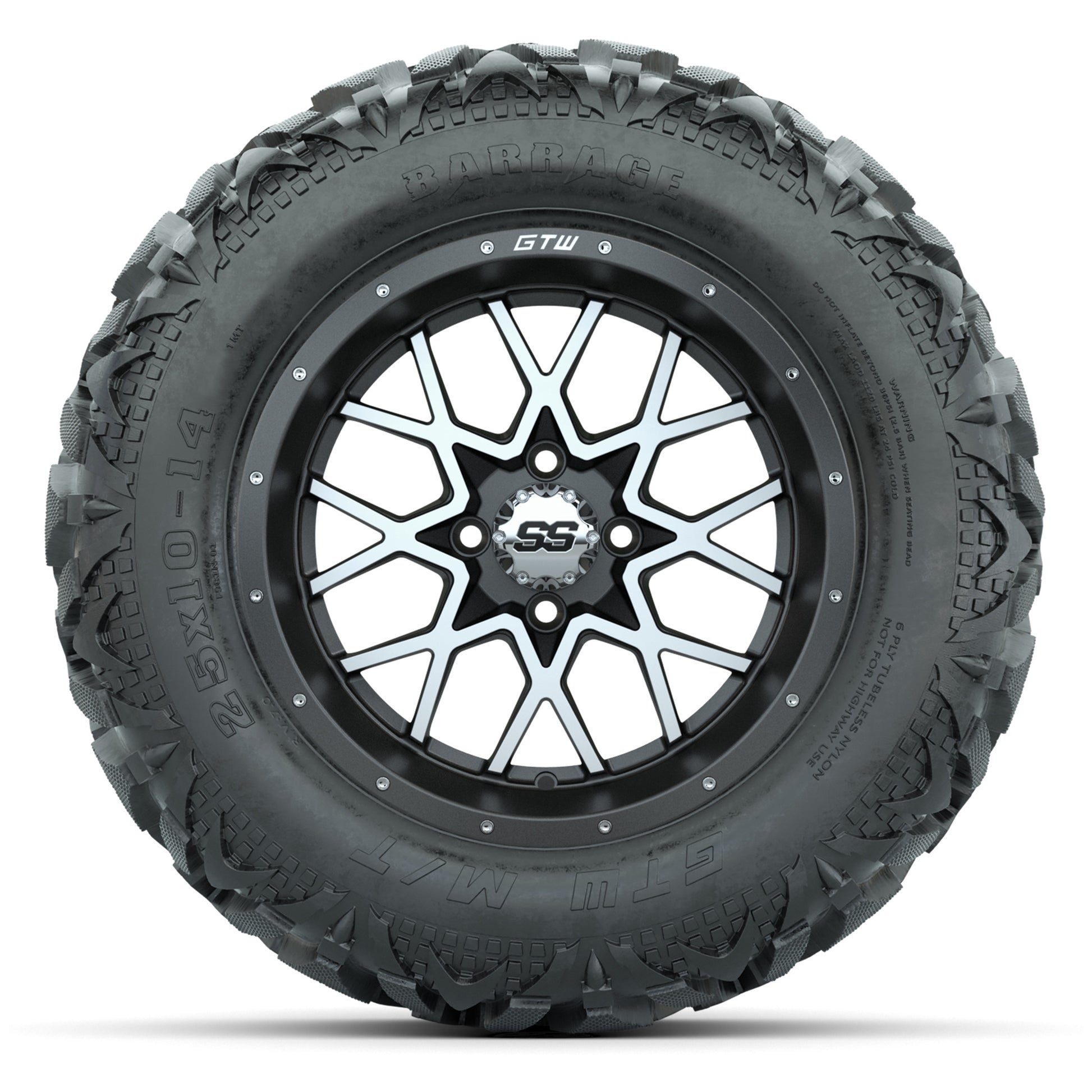 GTW Vortex Matte Gray/Machined 14 in Wheels with 25x10-14 Barrage Mud Tires – Full Set
