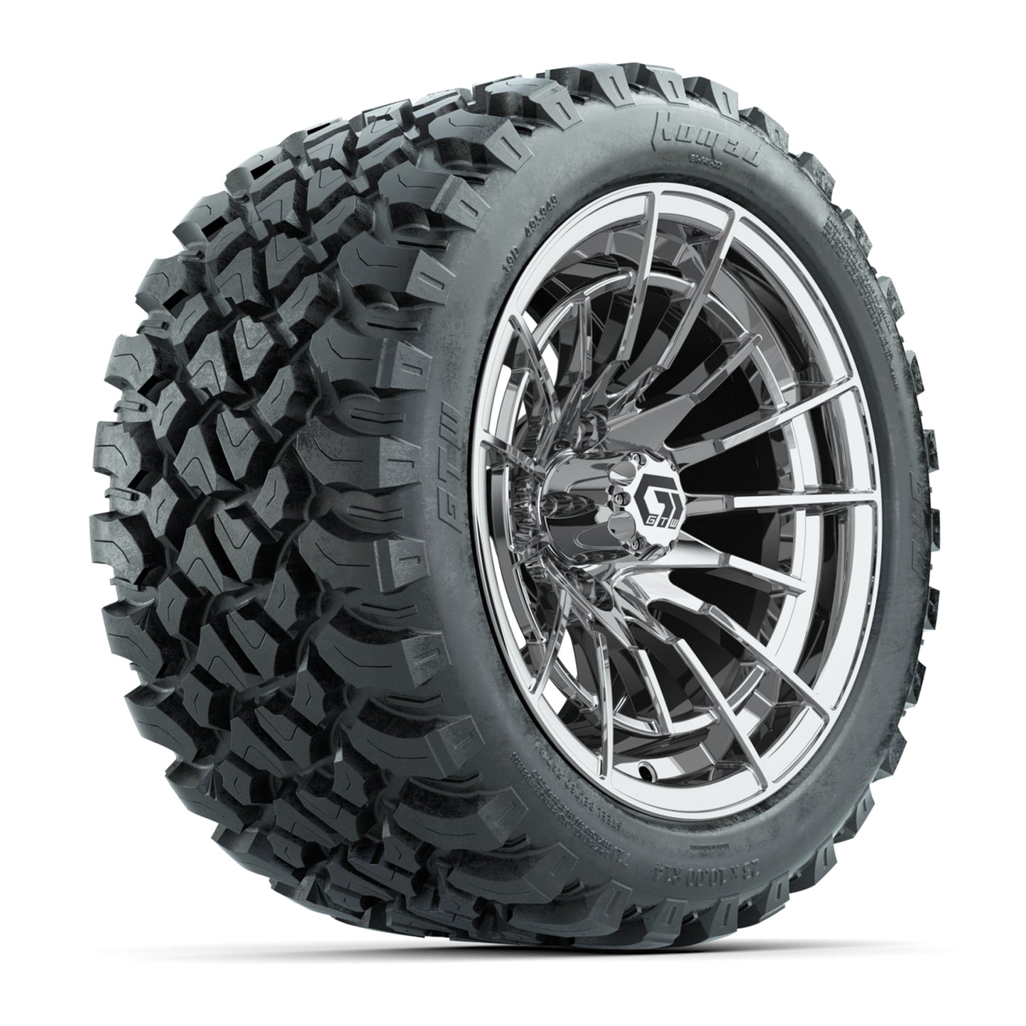 GTW® Boost Chrome 14 in Wheels with 23X10-R14 Nomad Steel Belt Radial All-Terrain Tires – Full Set