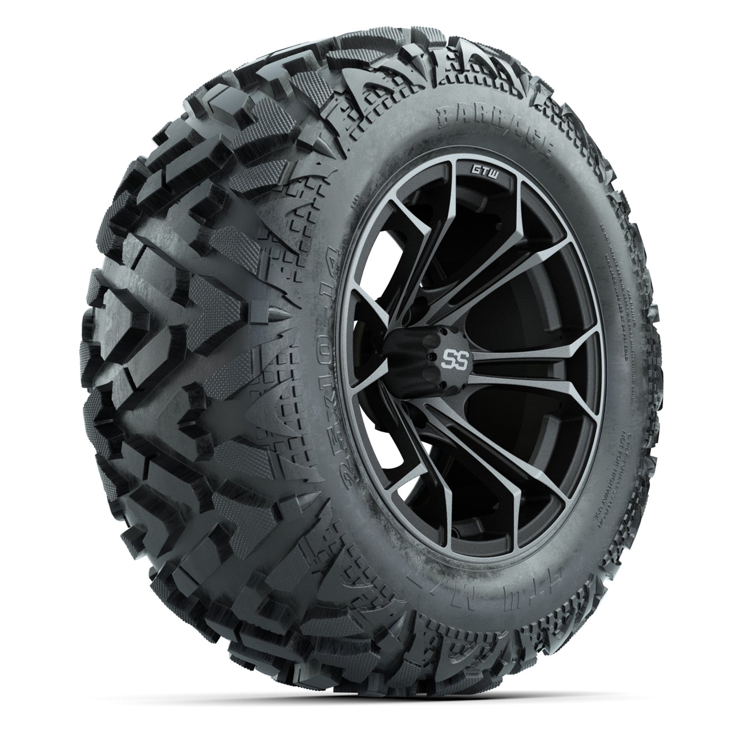 GTW Spyder Matte Gray/Machined 14 in Wheels with 25x10-14 Barrage Mud Tires – Full Set