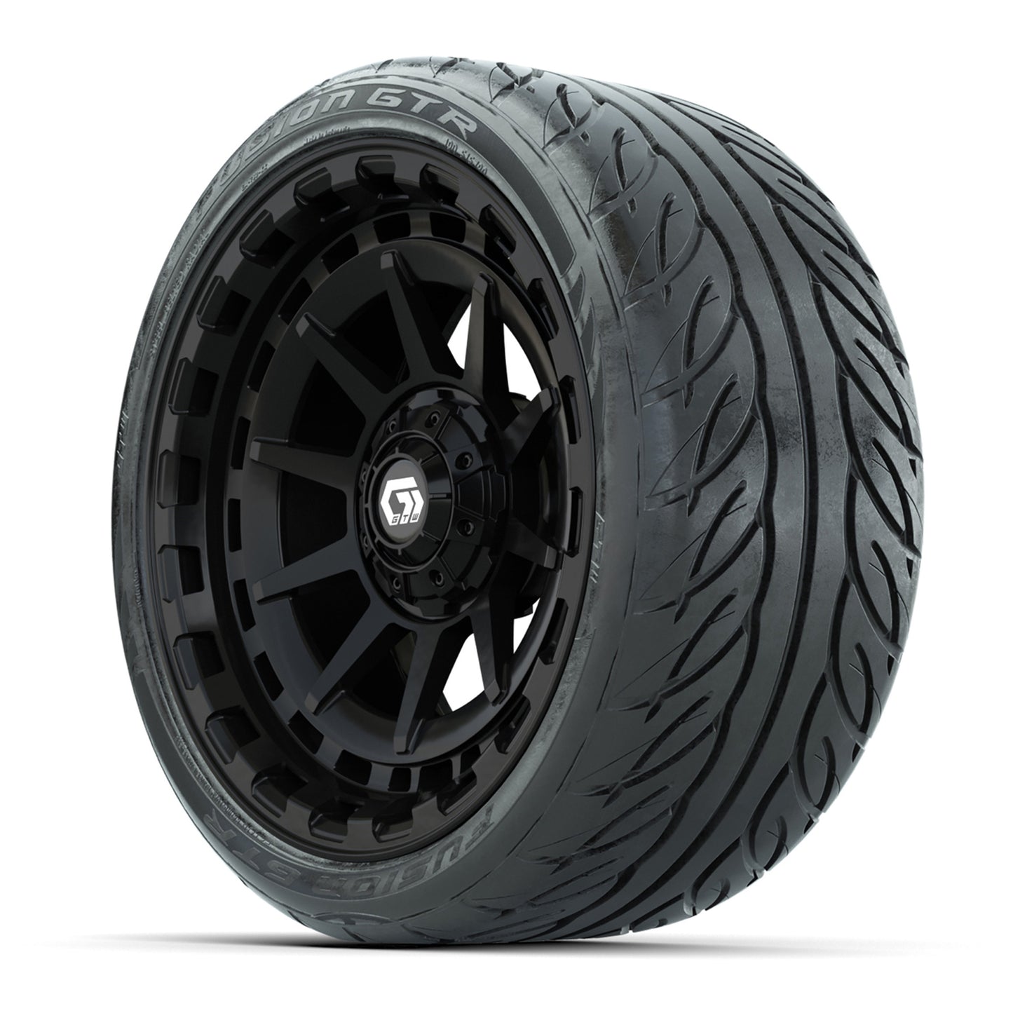 GTW® Barricade Gloss Black 15 in Wheels with 215/40-R15 Fusion GTR Steel Belted Street Tires – Full Set