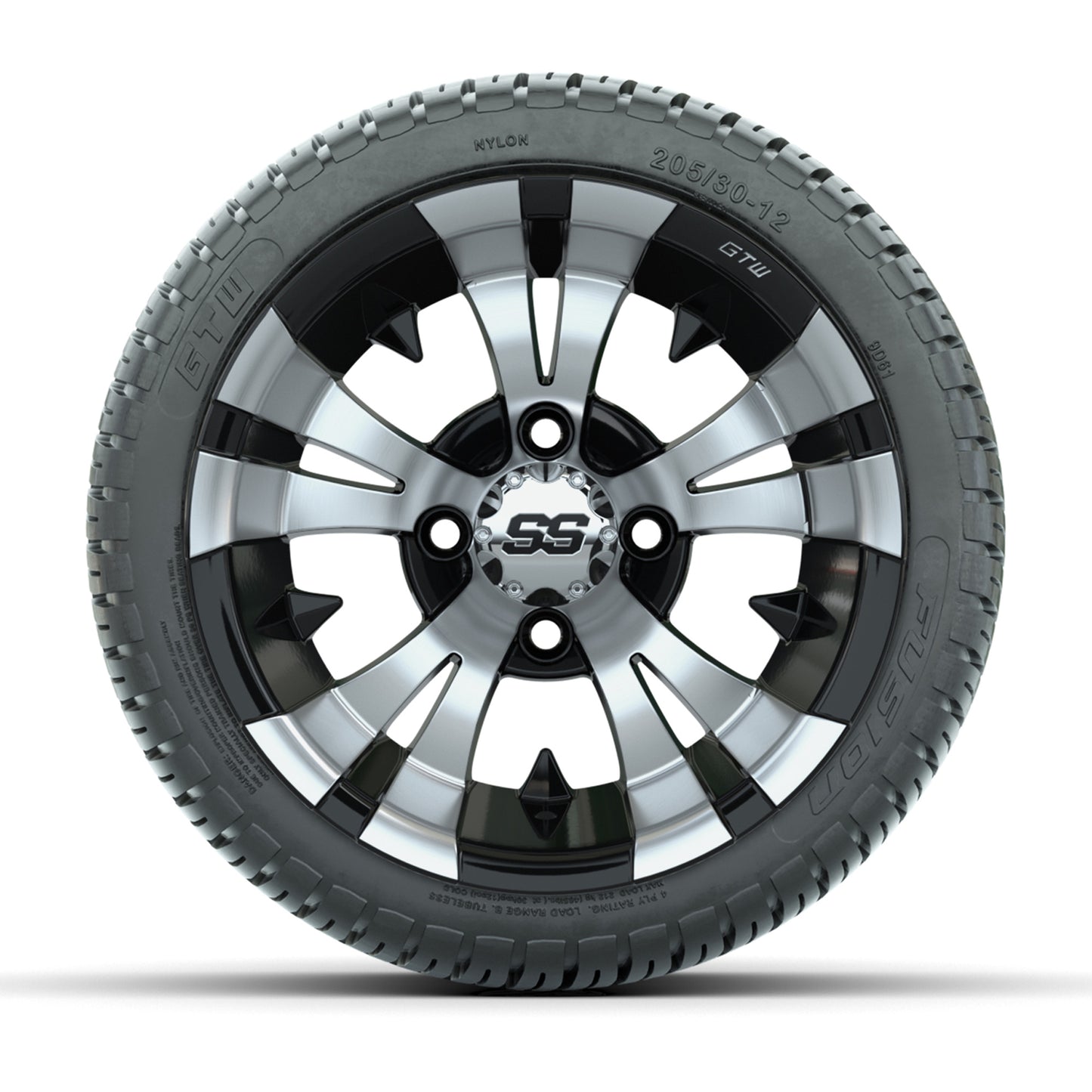 GTW Vampire Black and Machined 12 in Wheels with 18in Fusion Street Tires – Set of 4
