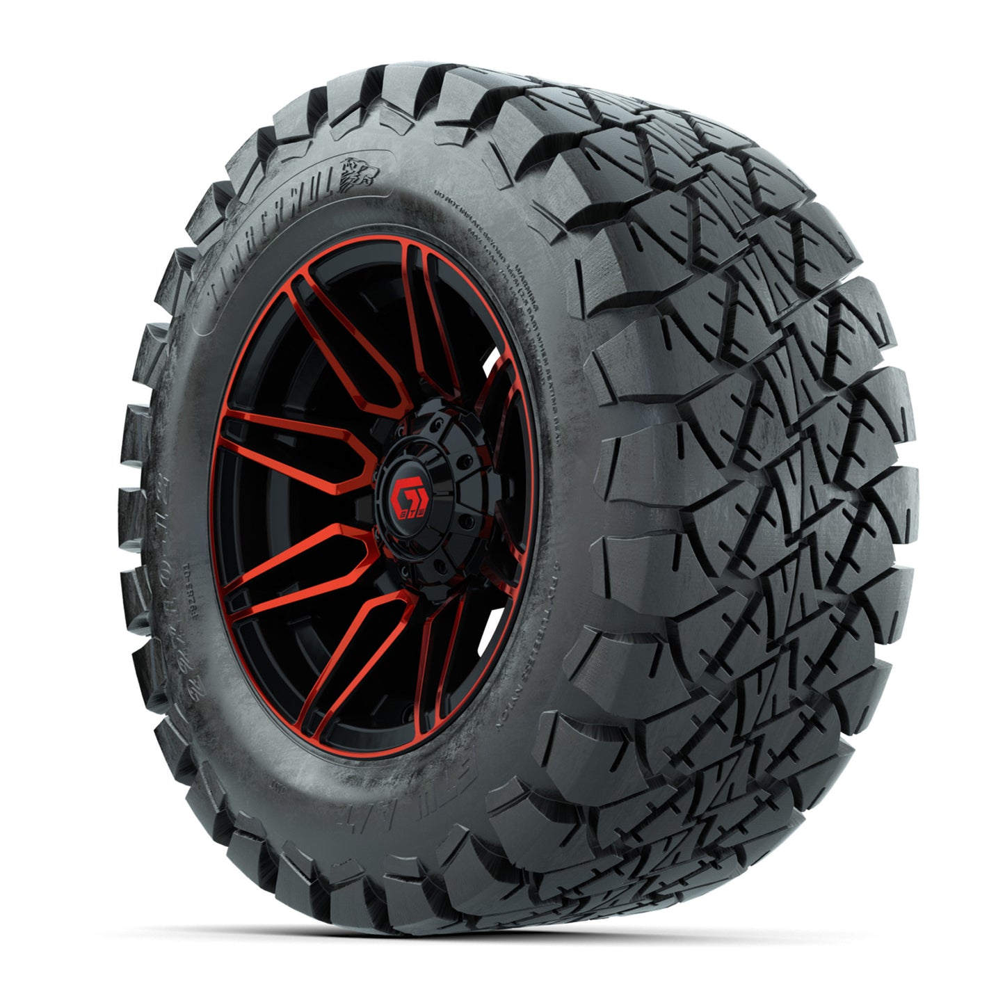 GTW® Stealth Black/Red 12 in Wheels with 22x10-12 Timberwolf All-Terrain Tires – Full Set