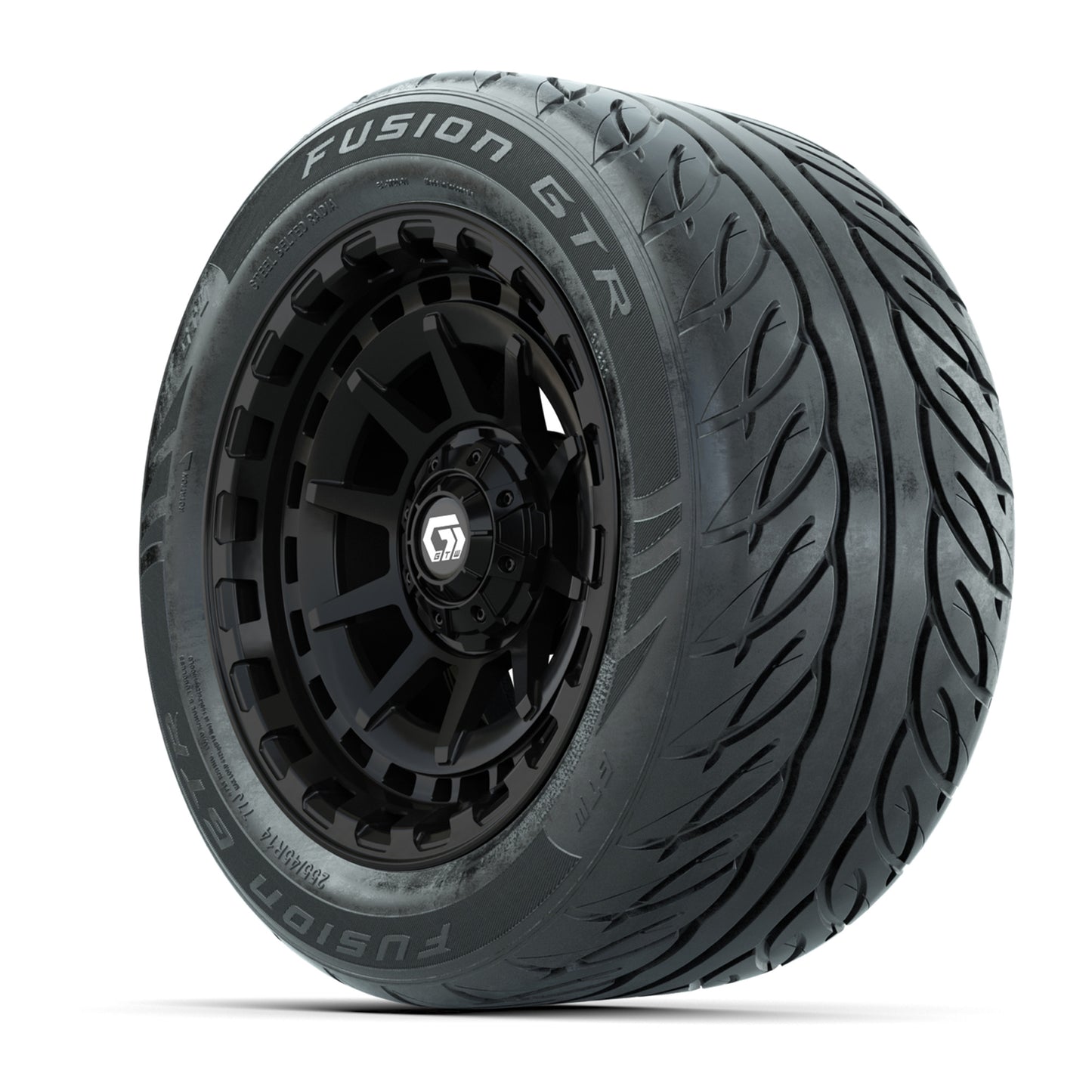GTW® Barricade Black 14 in Wheels with 255/45-R14 Fusion GTR Steel Belt Radial Street Tires – Full Set
