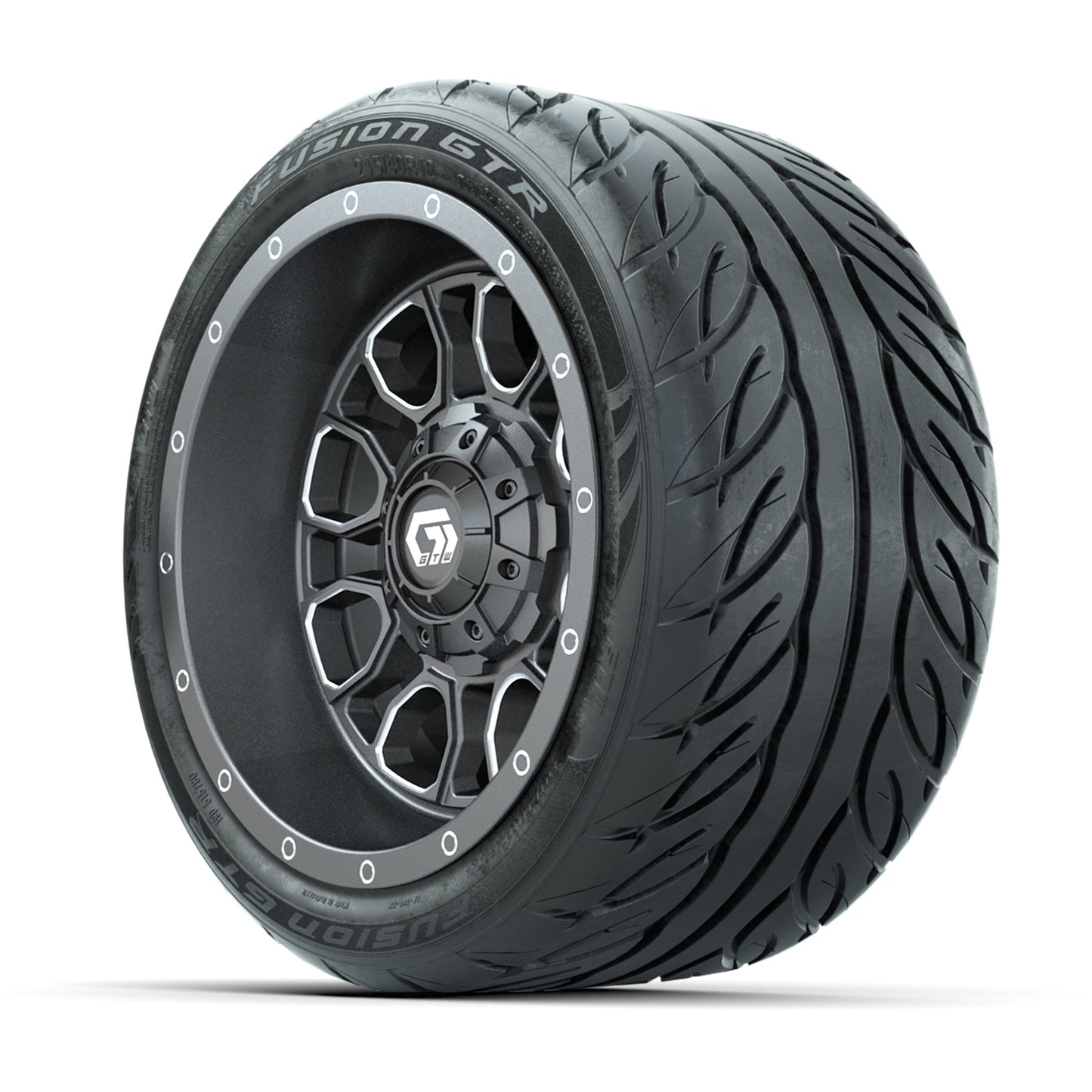 GTW® Volt Gunmetal 12 in Wheels with 215/40-R12 Fusion GTR Steel Belt Radial Street Tires – Full Set