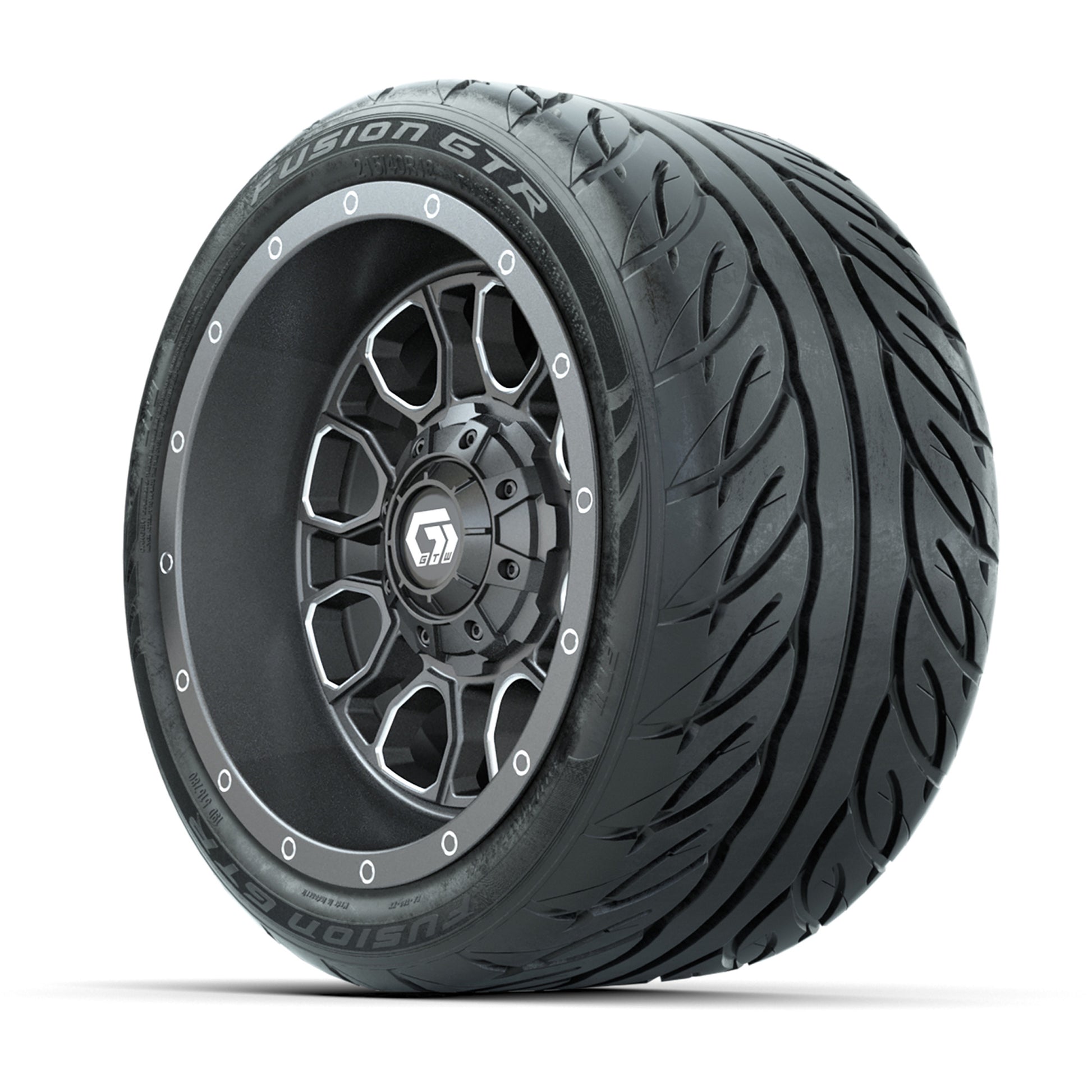 GTW® Volt Gunmetal 12 in Wheels with 215/40-R12 Fusion GTR Steel Belt Radial Street Tires – Full Set