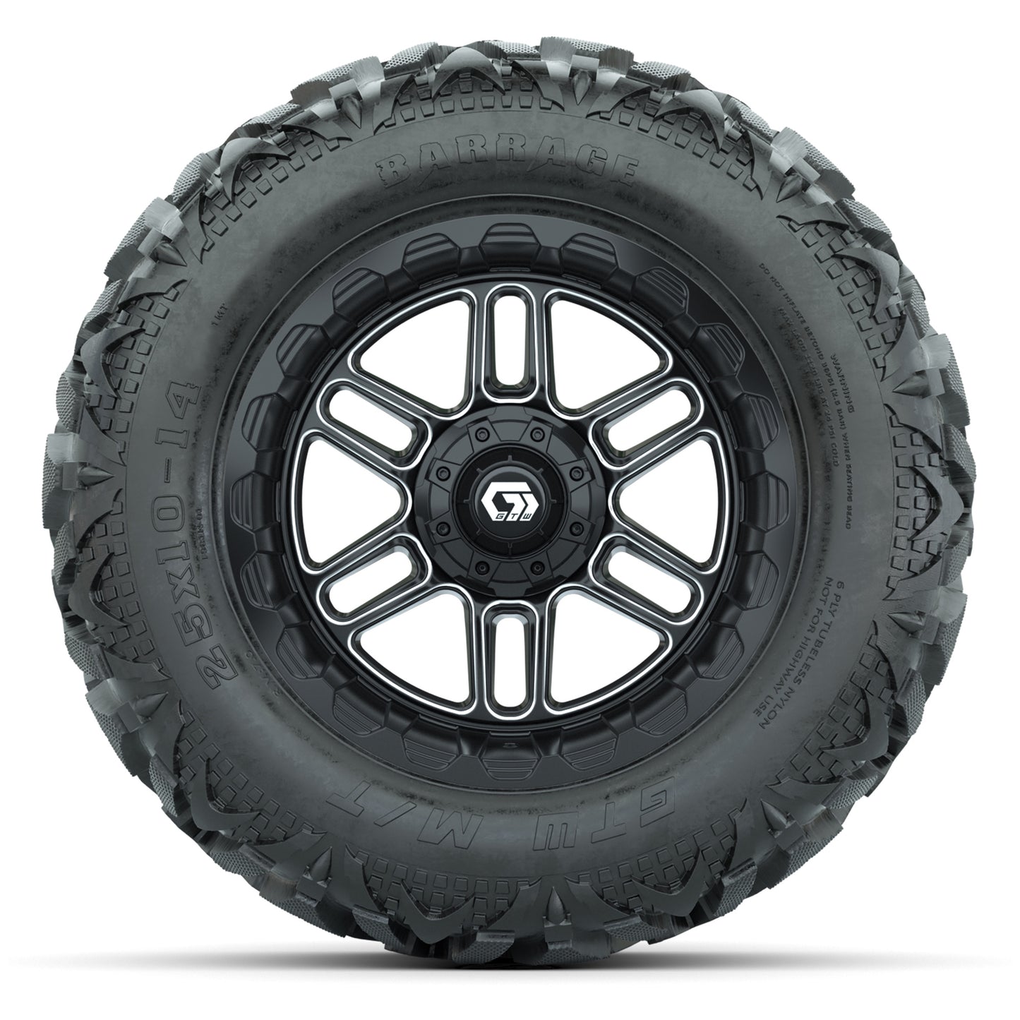 GTW Titan Black/Machined 14 in Wheels with 25x10-14 Barrage Mud Tires – Full Set