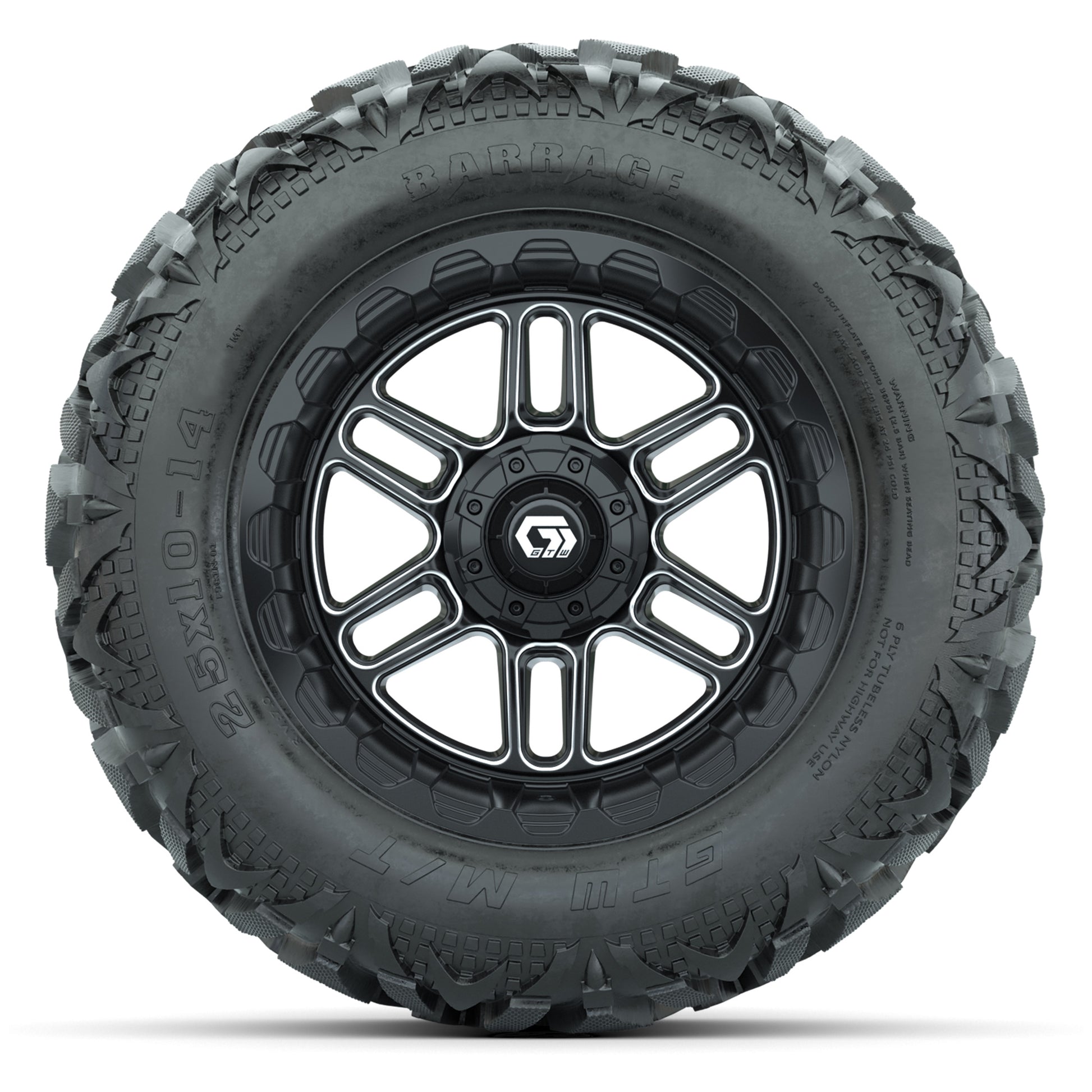 GTW Titan Black/Machined 14 in Wheels with 25x10-14 Barrage Mud Tires – Full Set