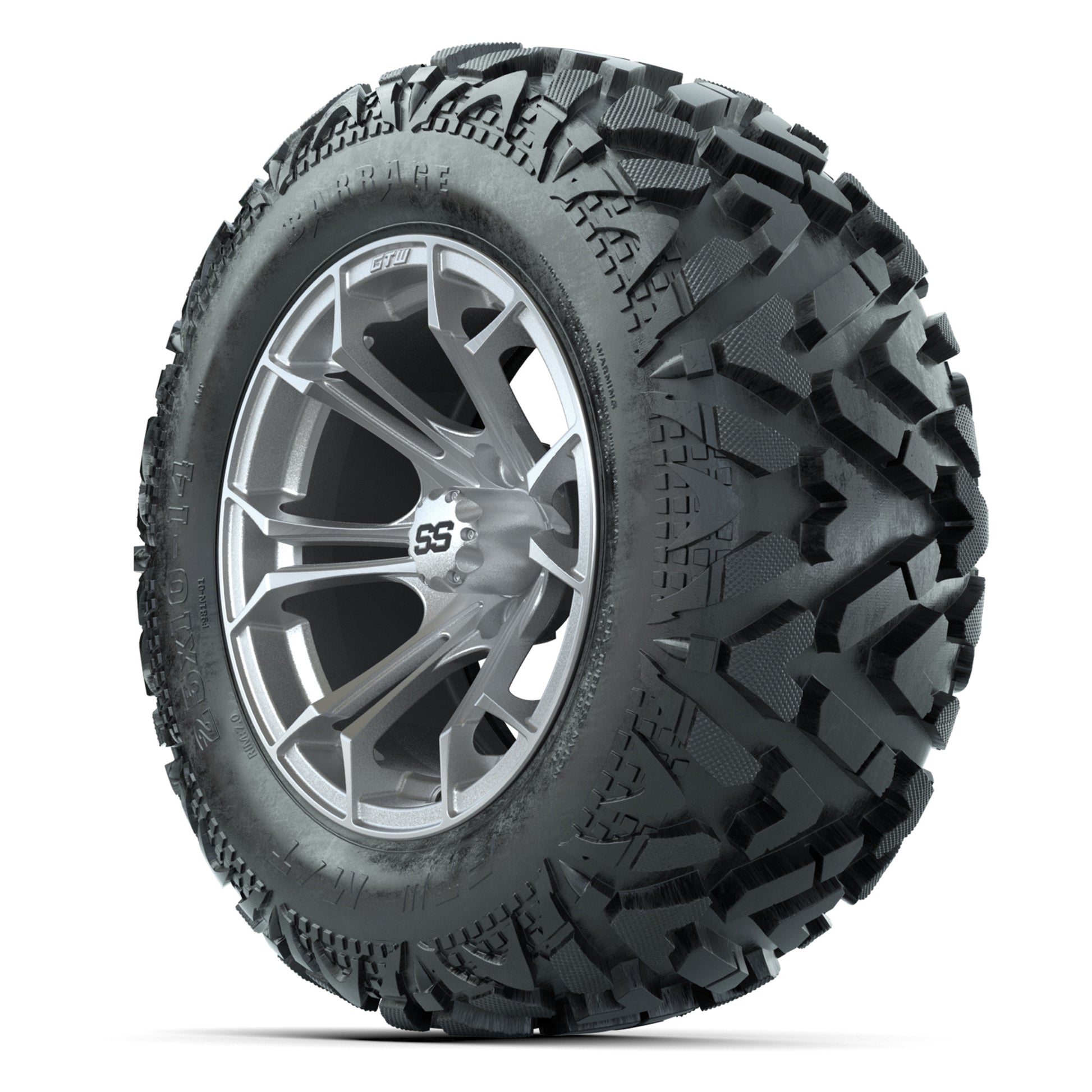 GTW Spyder Silver Brush 14 in Wheels with 25x10-14 Barrage Mud Tires – Full Set