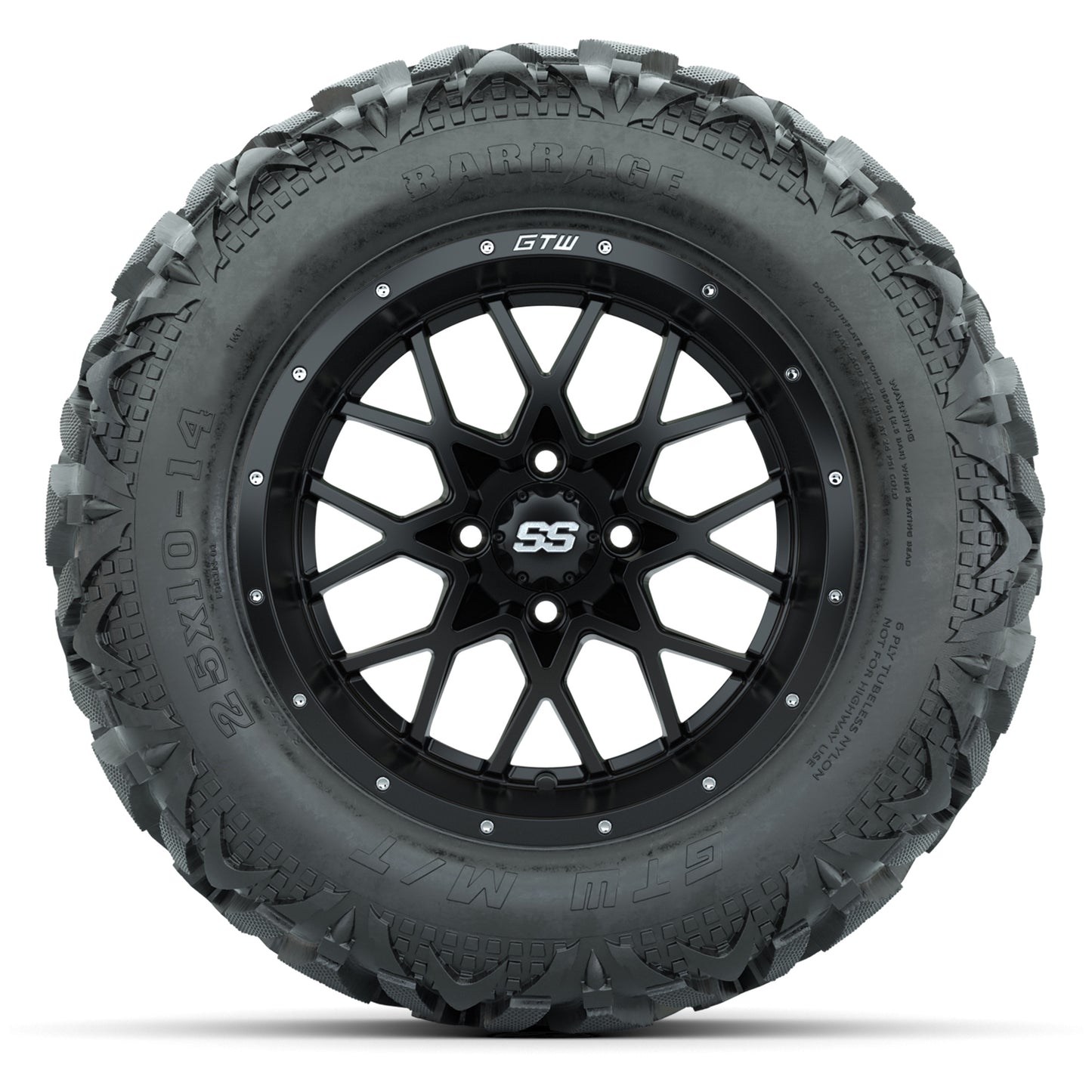 GTW Vortex Matte Black 14 in Wheels with 25x10-14 Barrage Mud Tires – Full Set