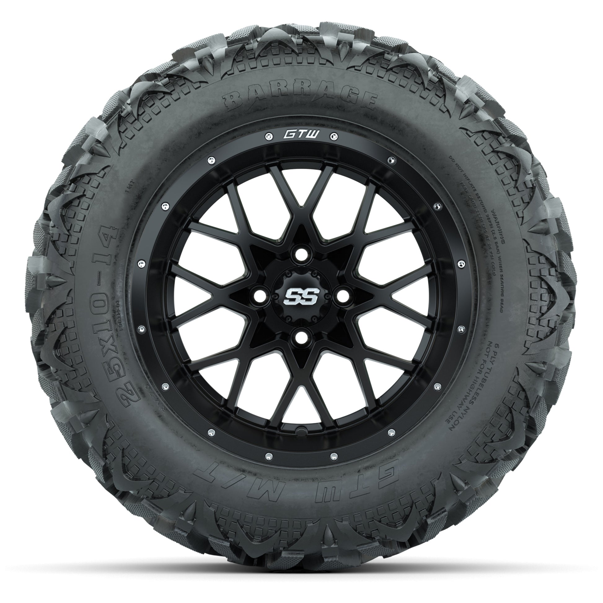 GTW Vortex Matte Black 14 in Wheels with 25x10-14 Barrage Mud Tires – Full Set