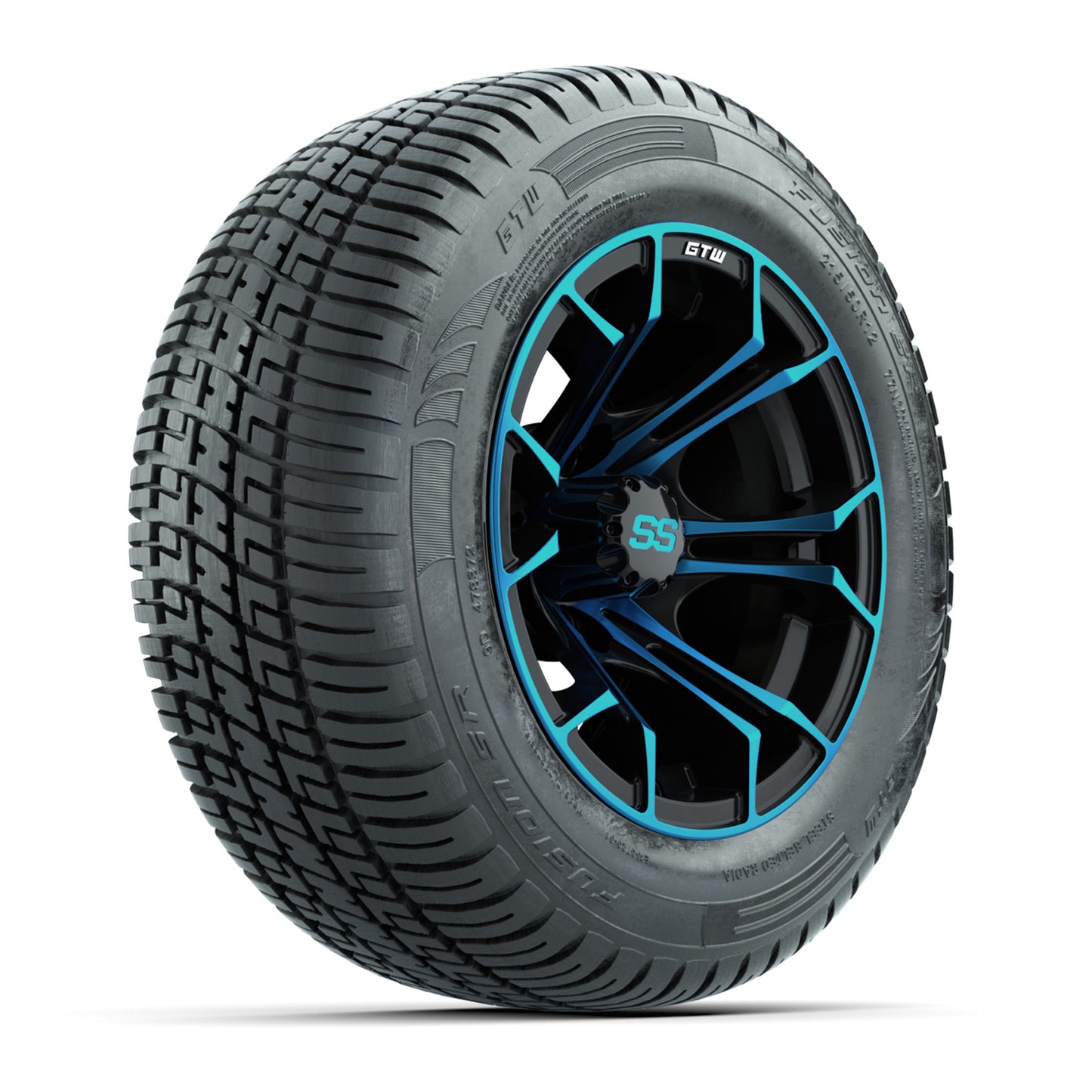 GTW Spyder Blue/Black 12 in Wheels with 215/50-R12 Fusion S/R Street Tires – Full Set